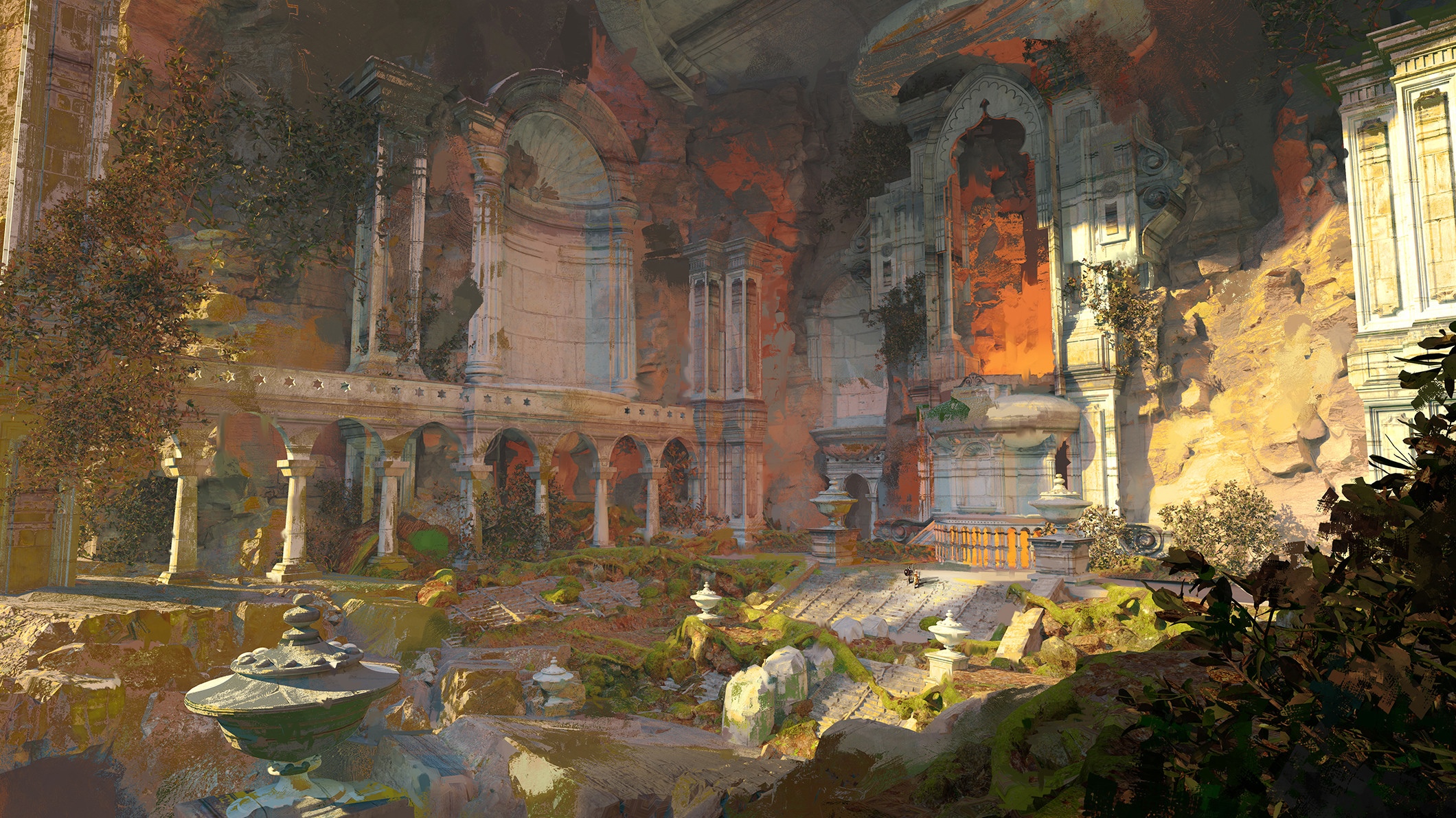 Ancient ruins with a fountain and temple HD Wallpaper
