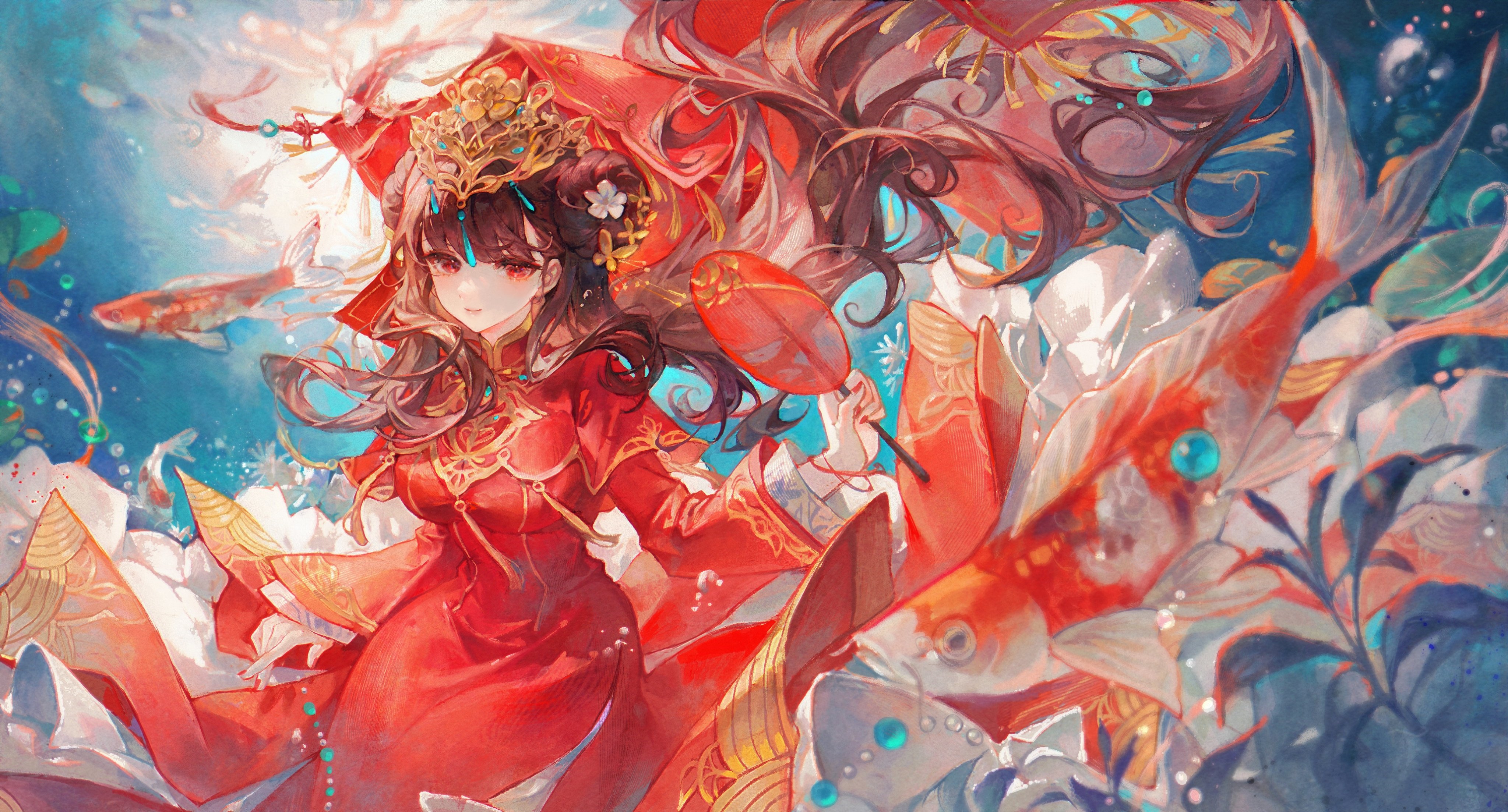 Girl in red dress with koi fish underwater HD Wallpaper