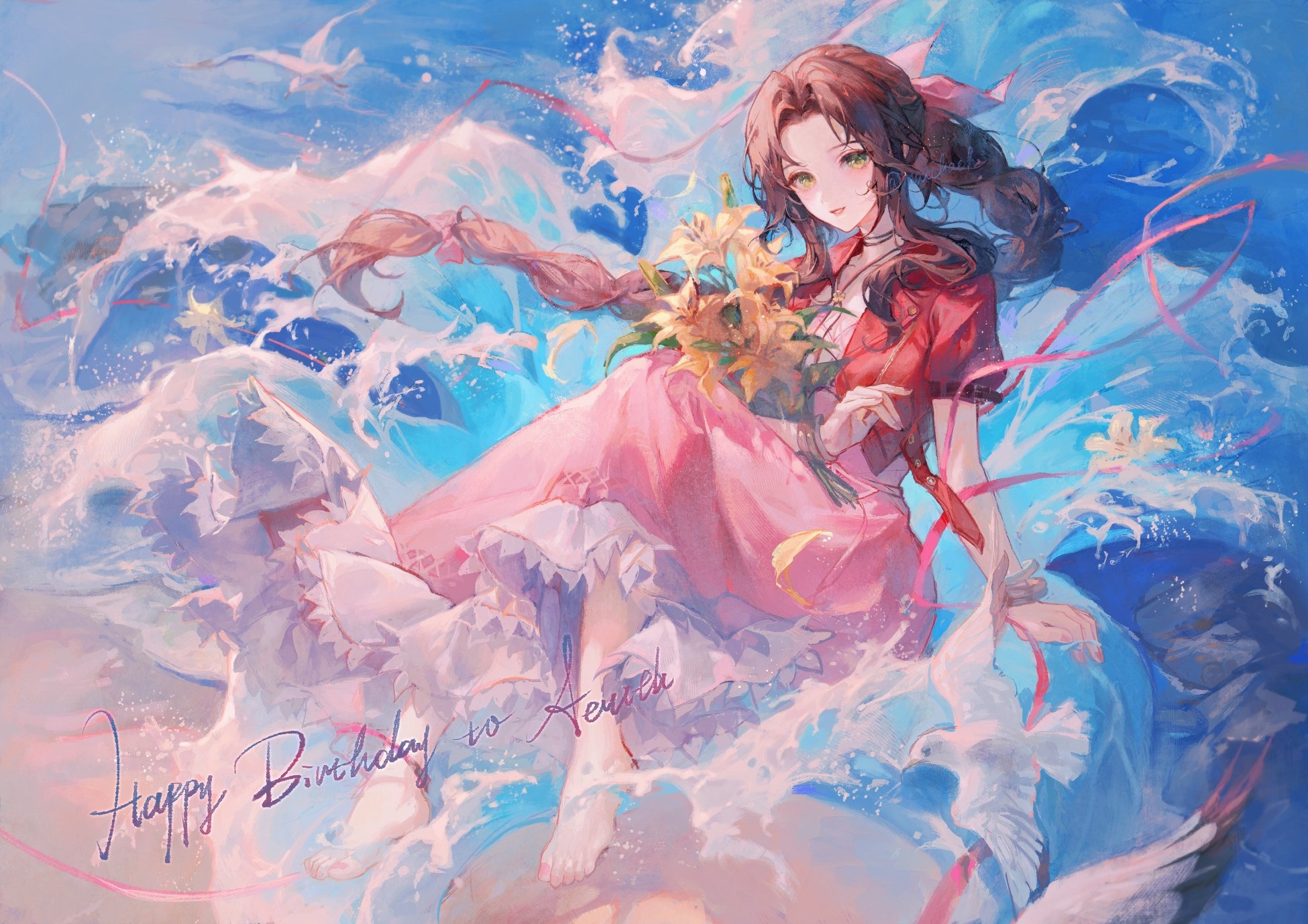 Aerith Gainsborough in waves with flowers and birds HD Wallpaper