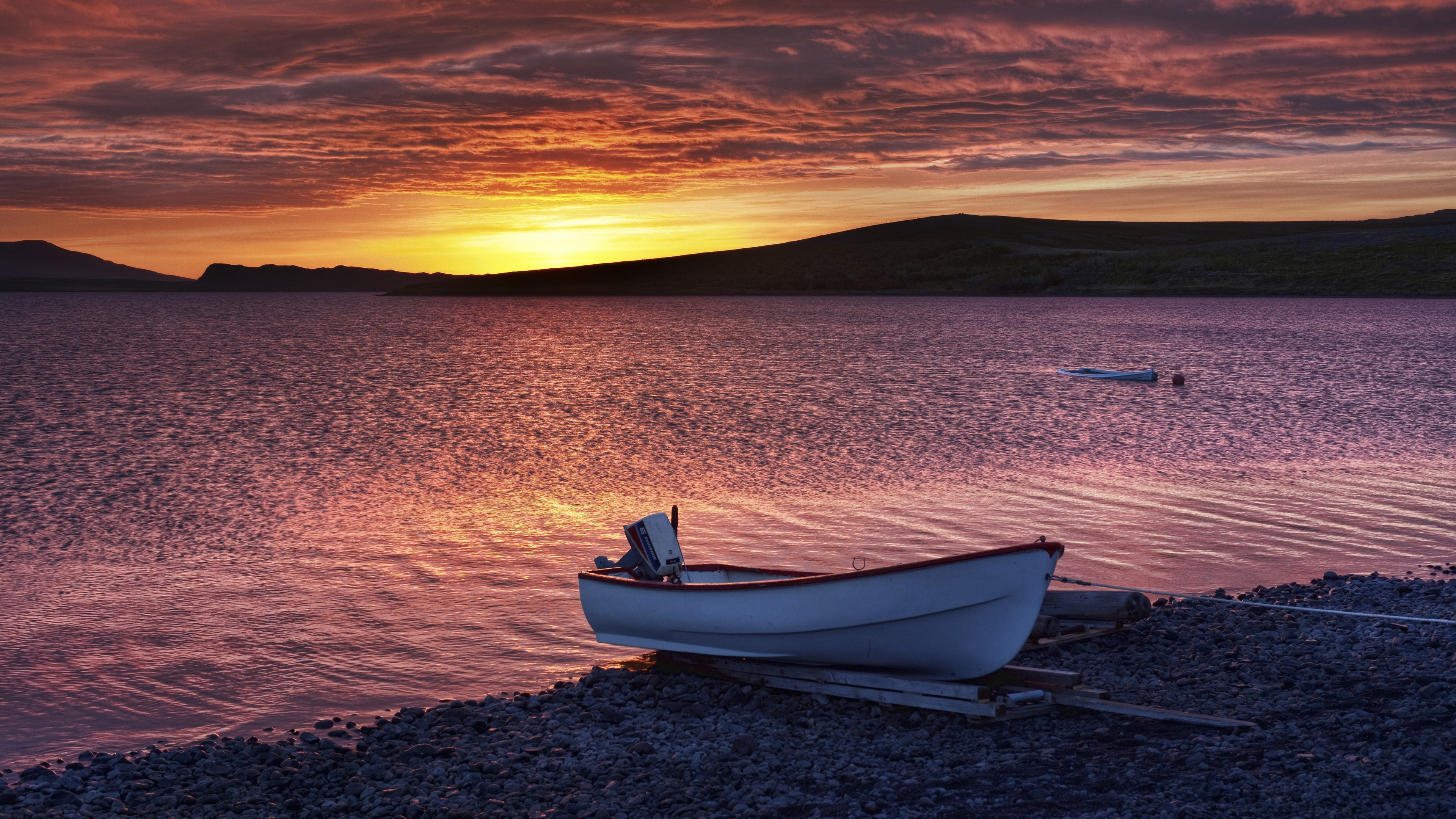 4K Sunset over Lake with Boat HD Wallpaper