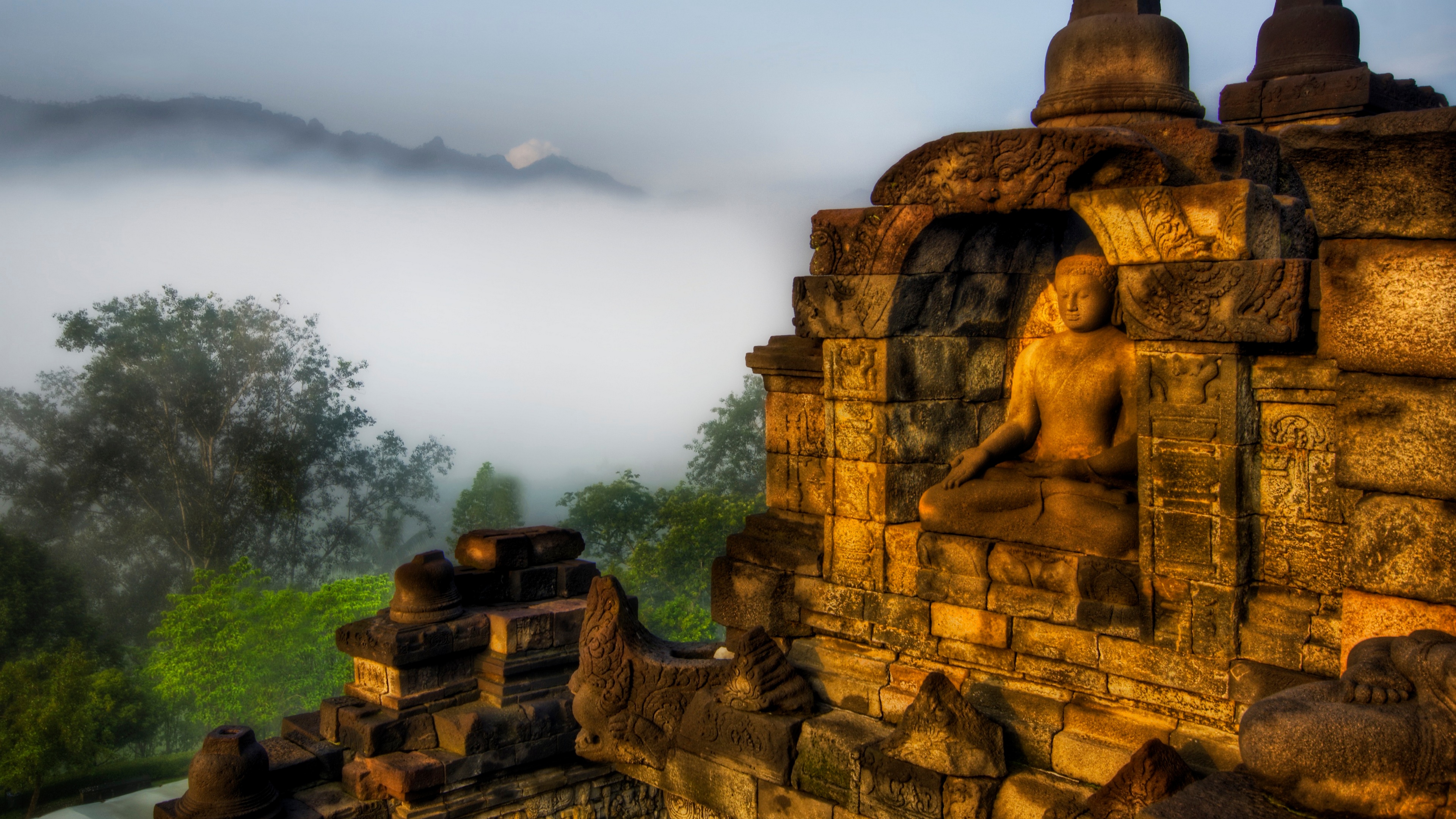 4K Borobudur Buddha Statue in Mist HD Wallpaper