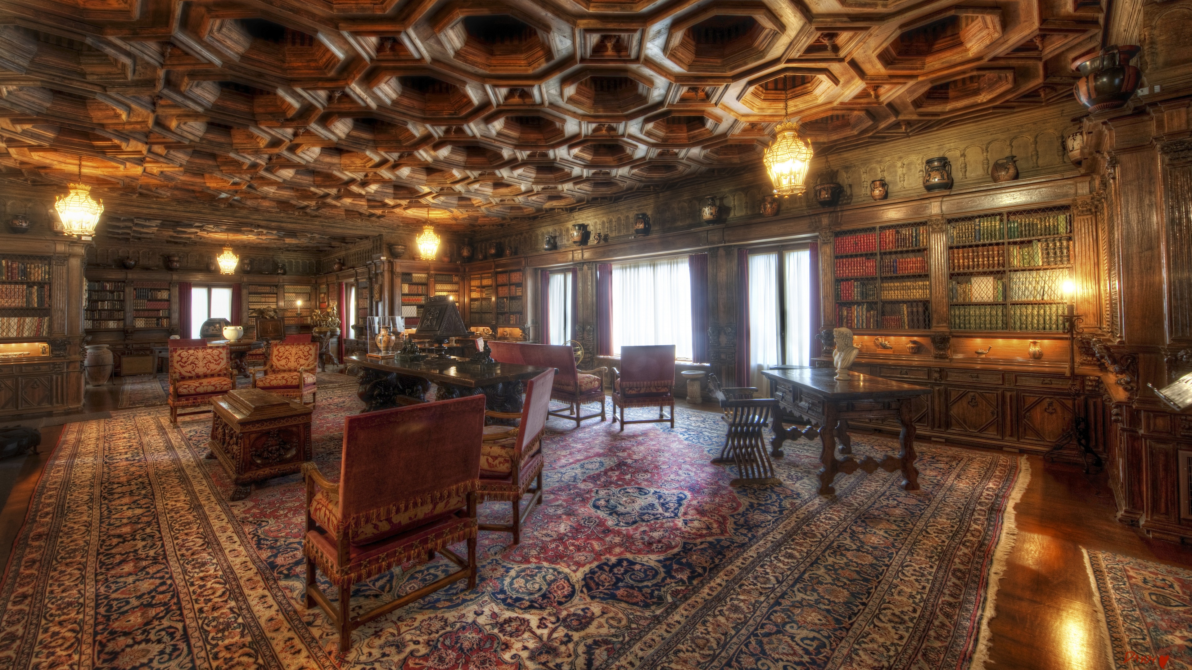 4K Library Interior with Bookshelves and Furniture HD Wallpaper