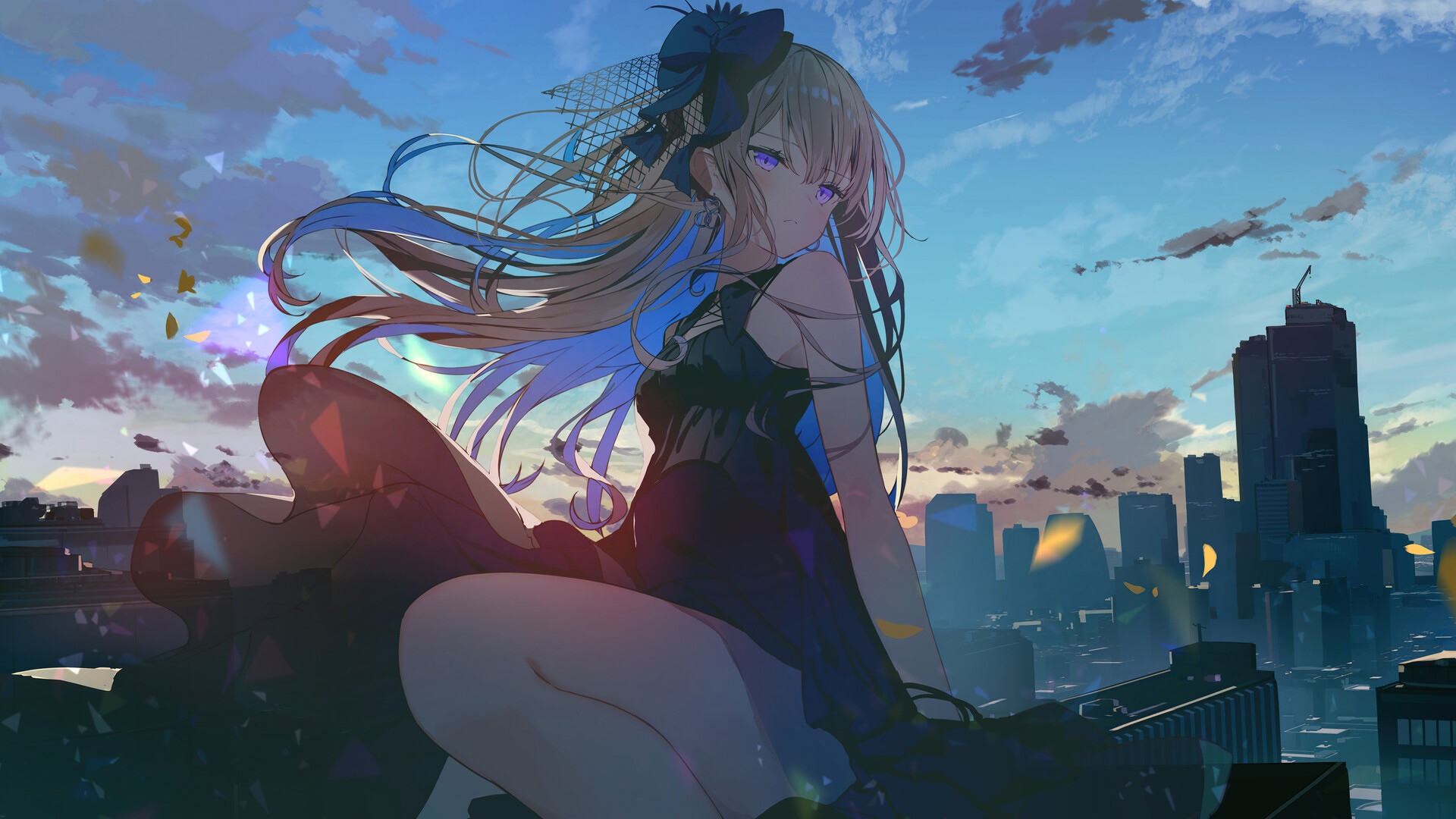 Girl in black dress with purple eyes overlooking city at sunrise HD Wallpaper