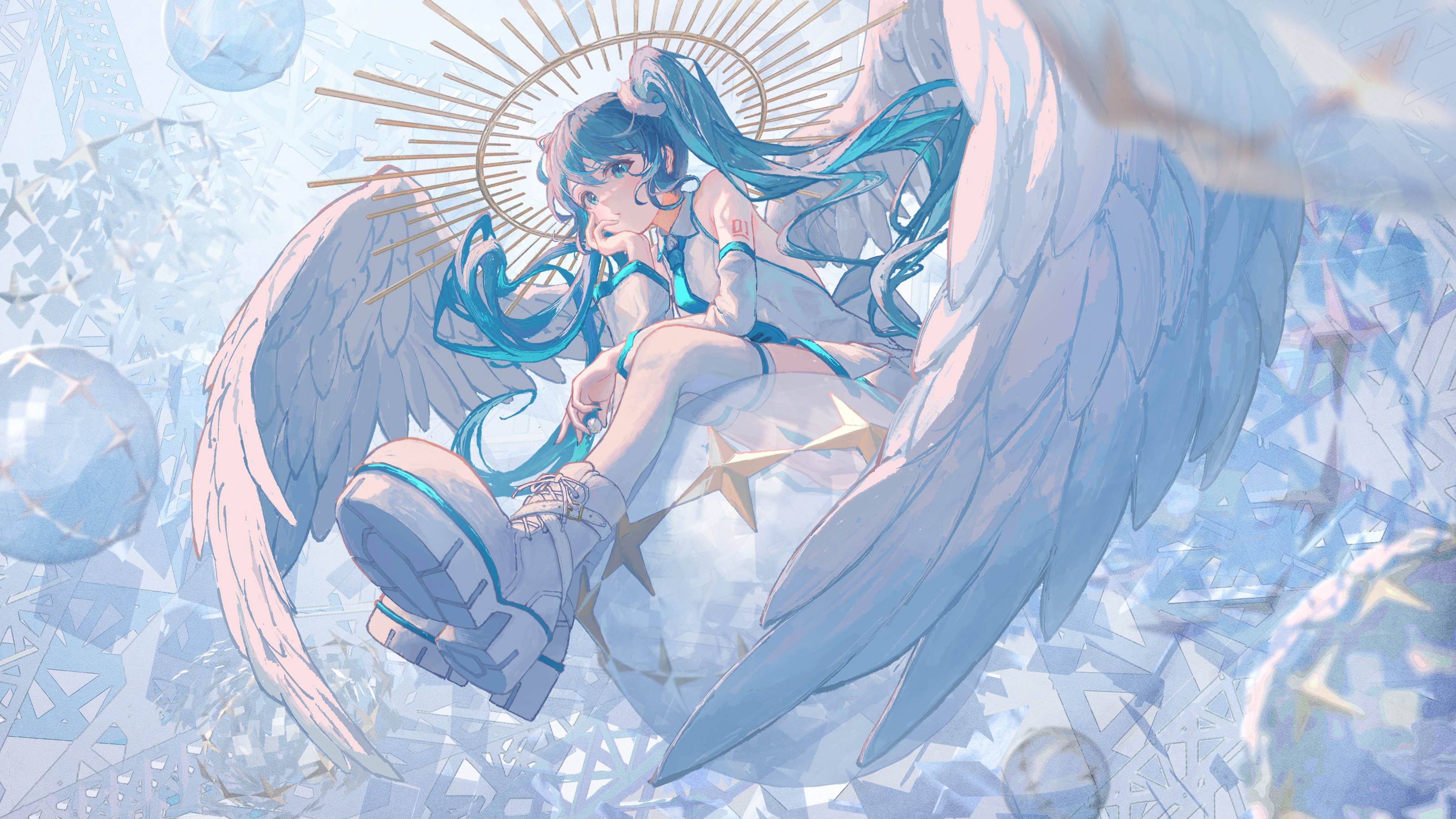 Hatsune Miku as an angel with blue hair and wings HD Wallpaper