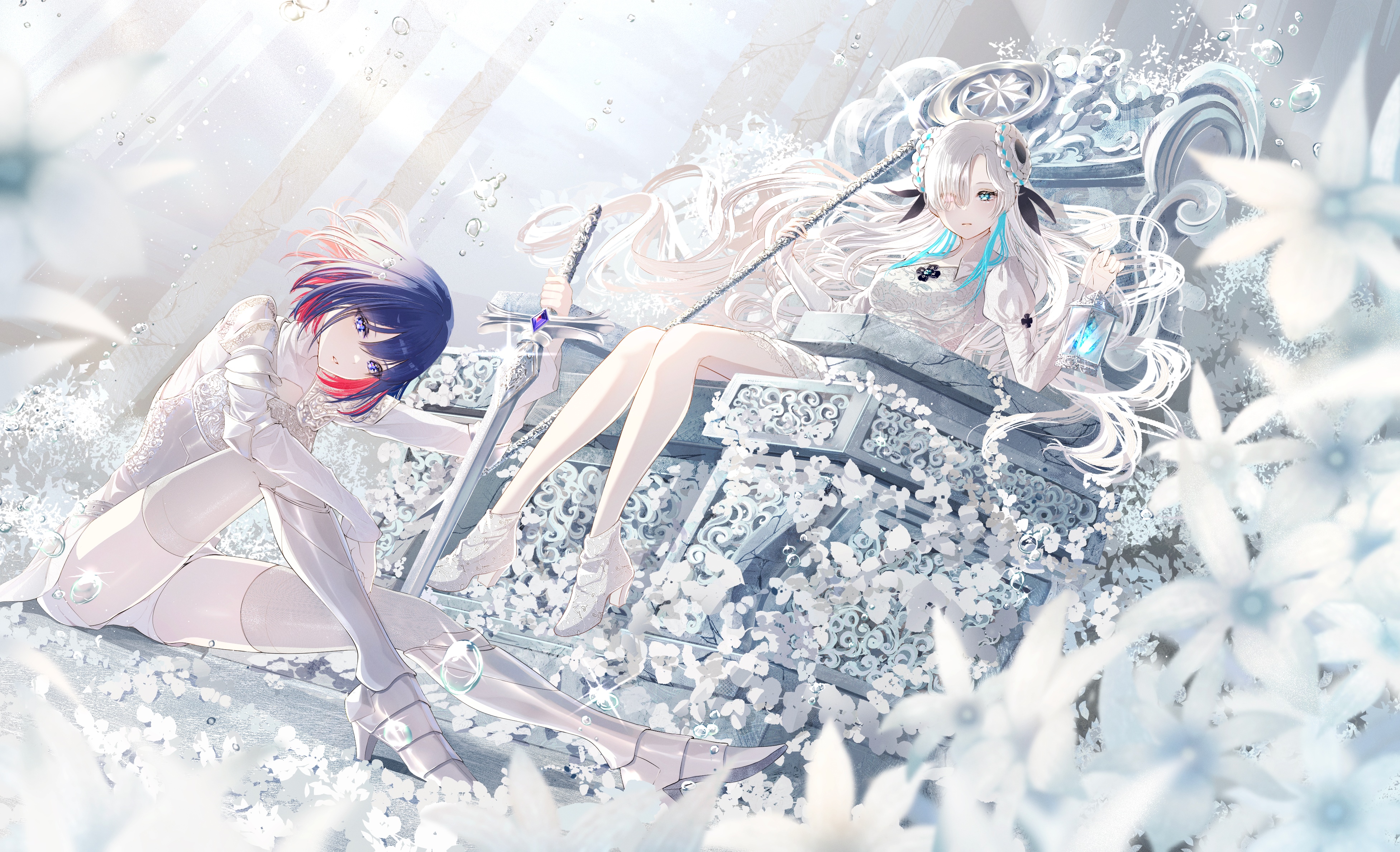 4K anime art with two women and swords HD Wallpaper