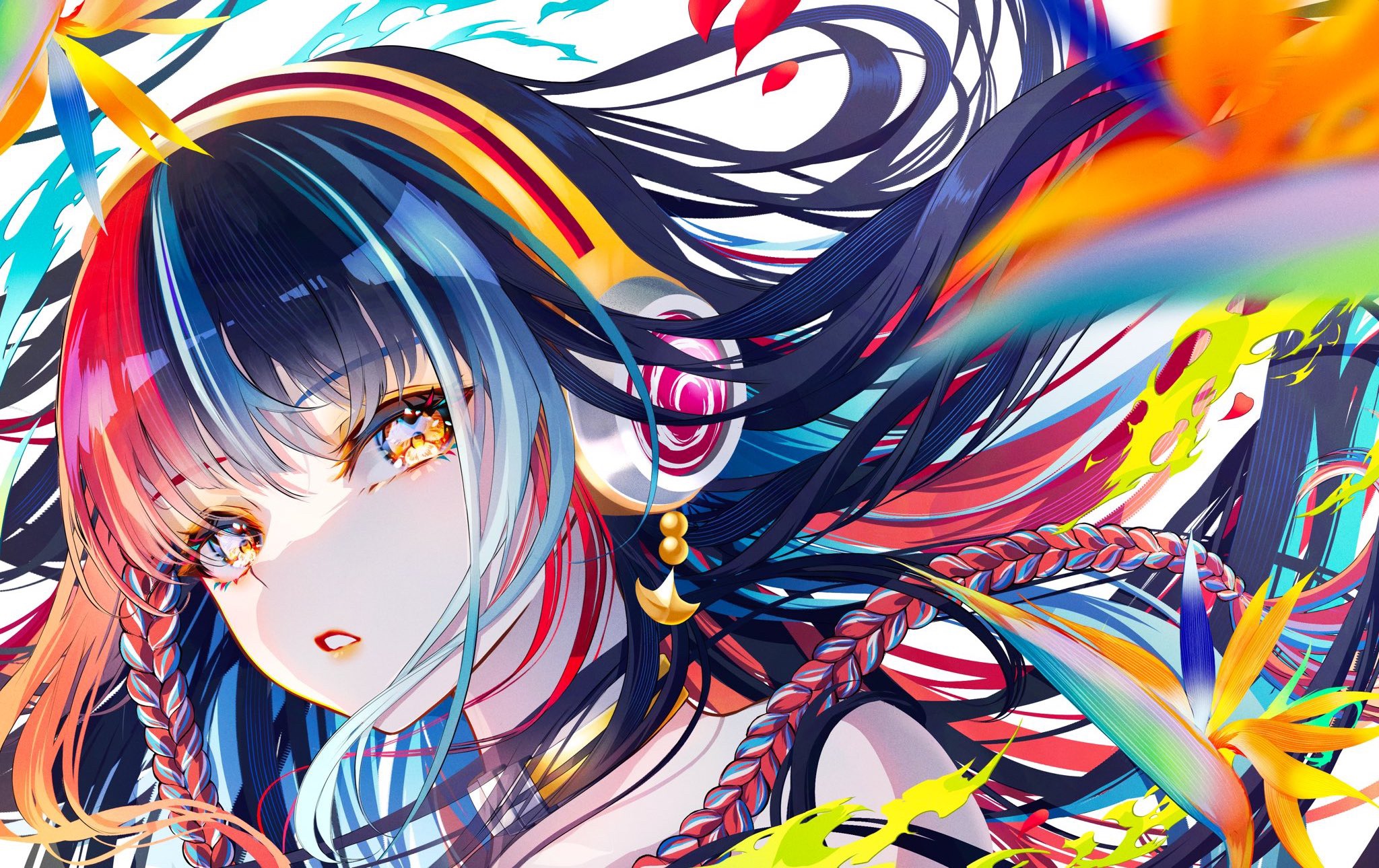 Anime girl with headphones and multi-colored hair HD Wallpaper