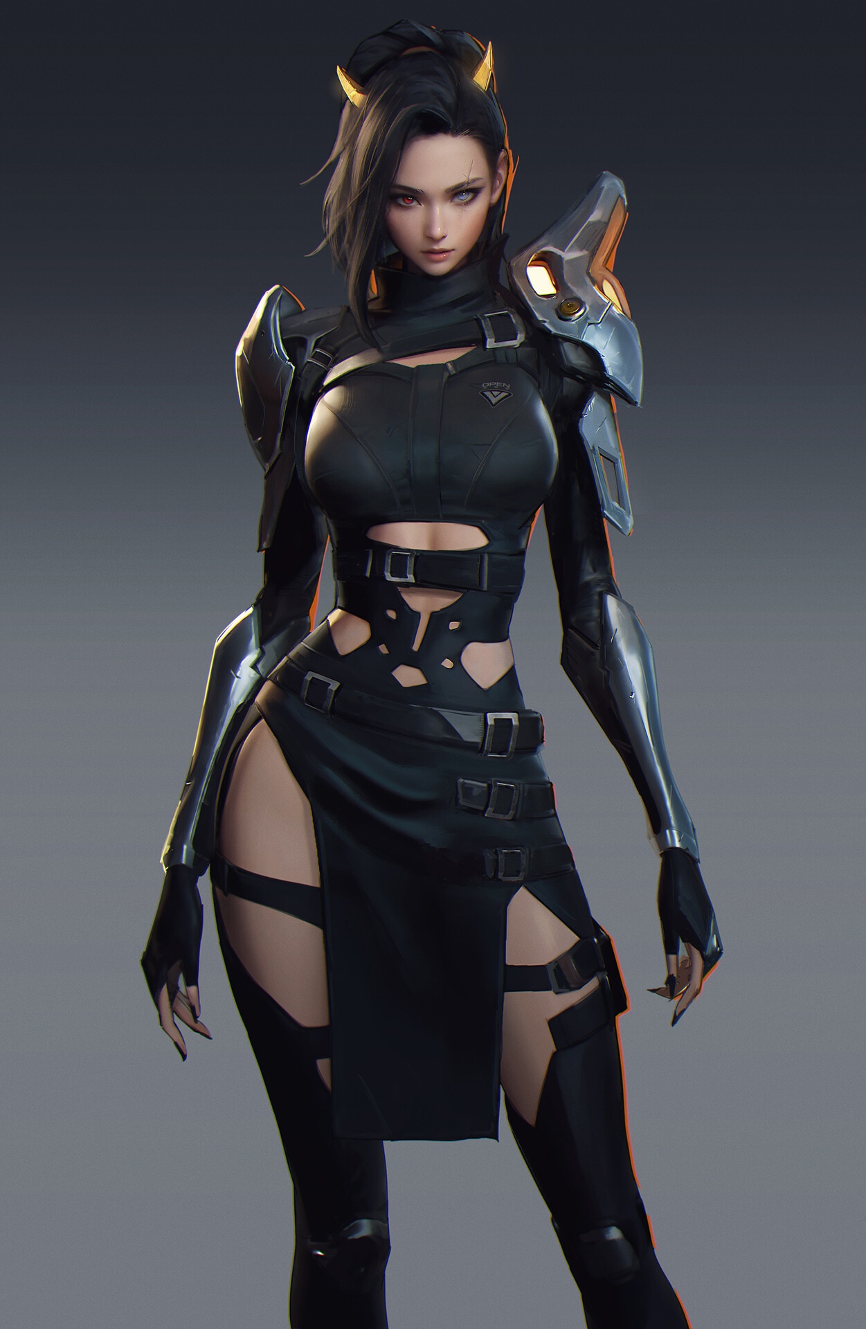 Woman with horns and scars in black armor HD Phone Wallpaper