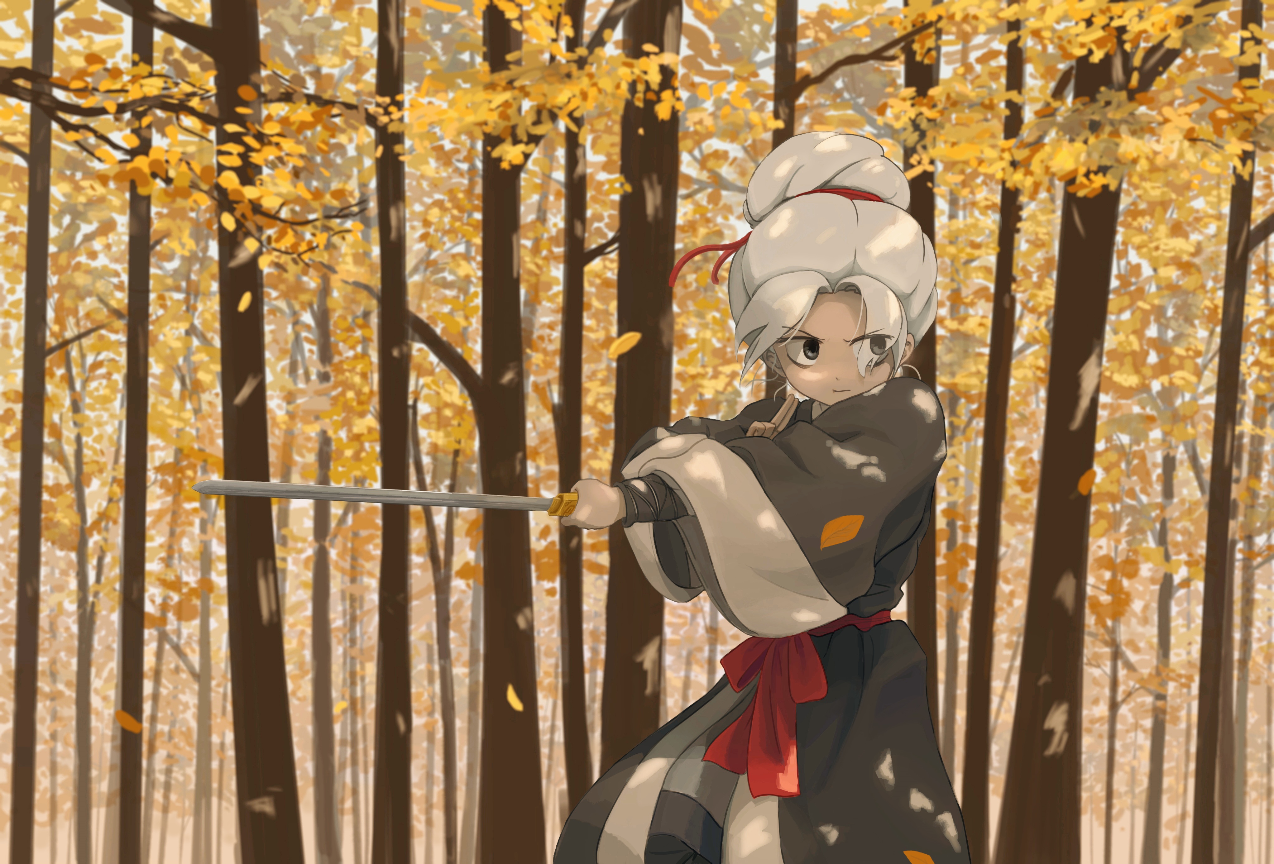 Girl with Katana in Autumn Forest HD Wallpaper