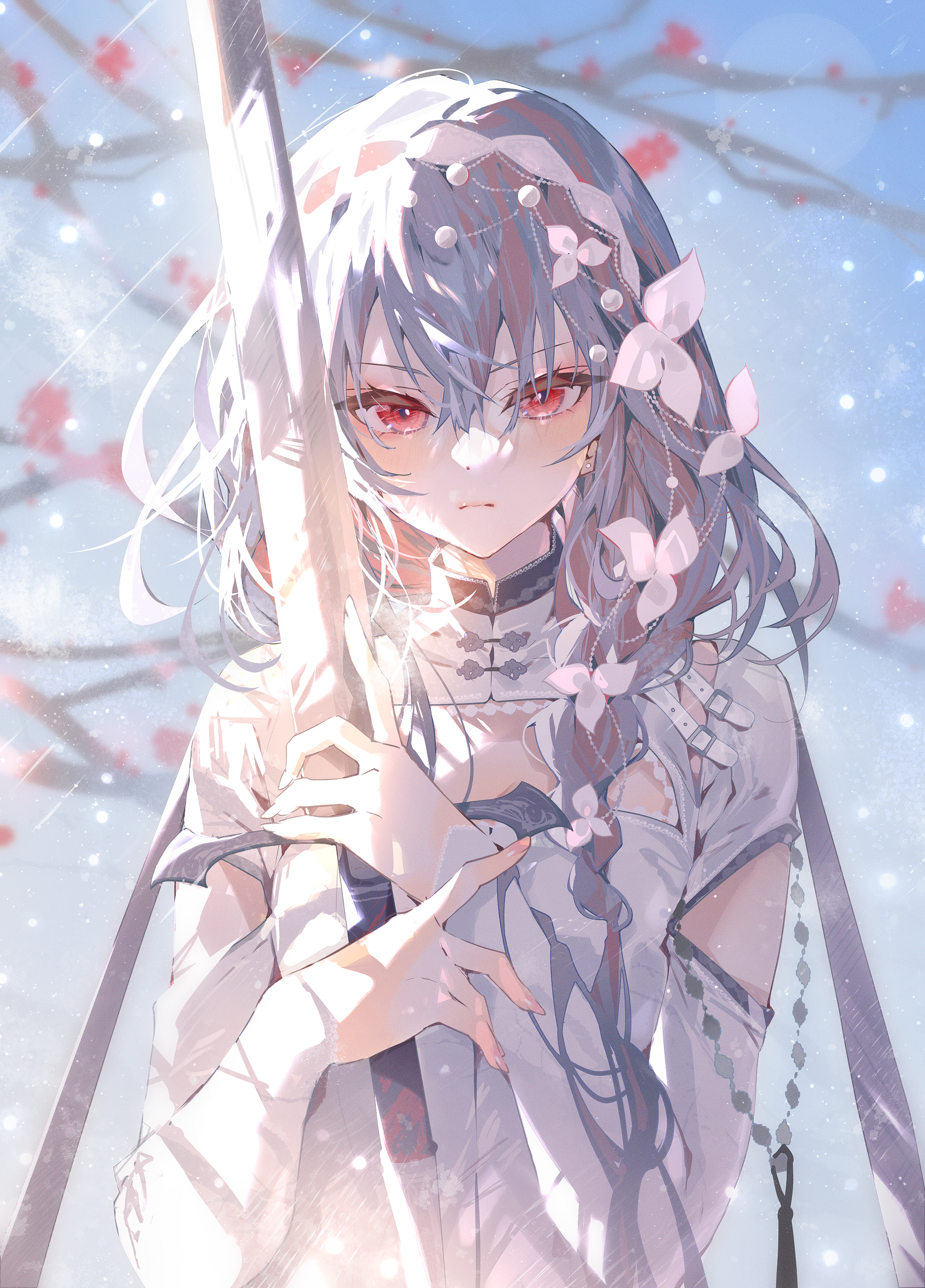 Anime girl with red eyes holding a sword HD Phone Wallpaper