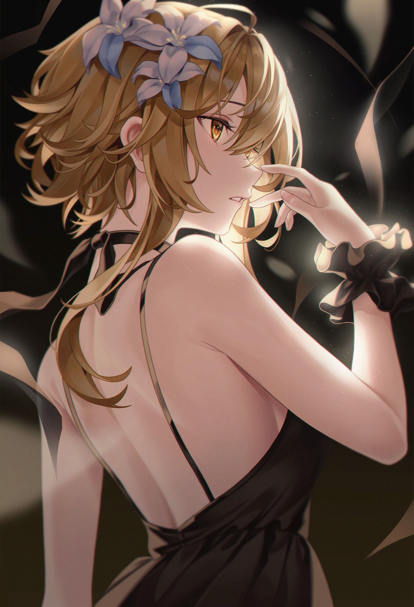 Lumine from Genshin Impact in a black dress HD Phone Wallpaper