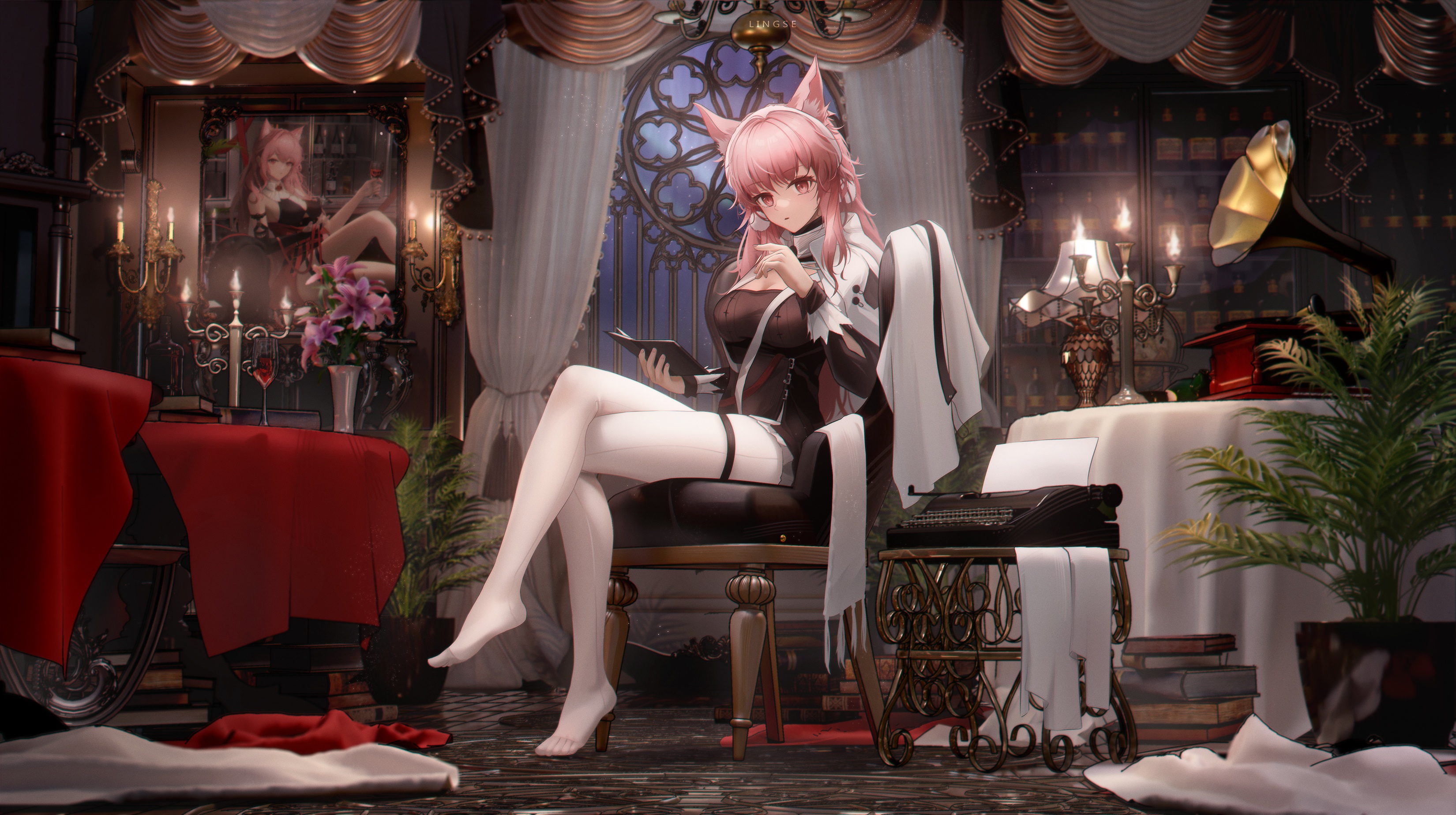 Pink-haired girl with animal ears sitting in a chair HD Wallpaper