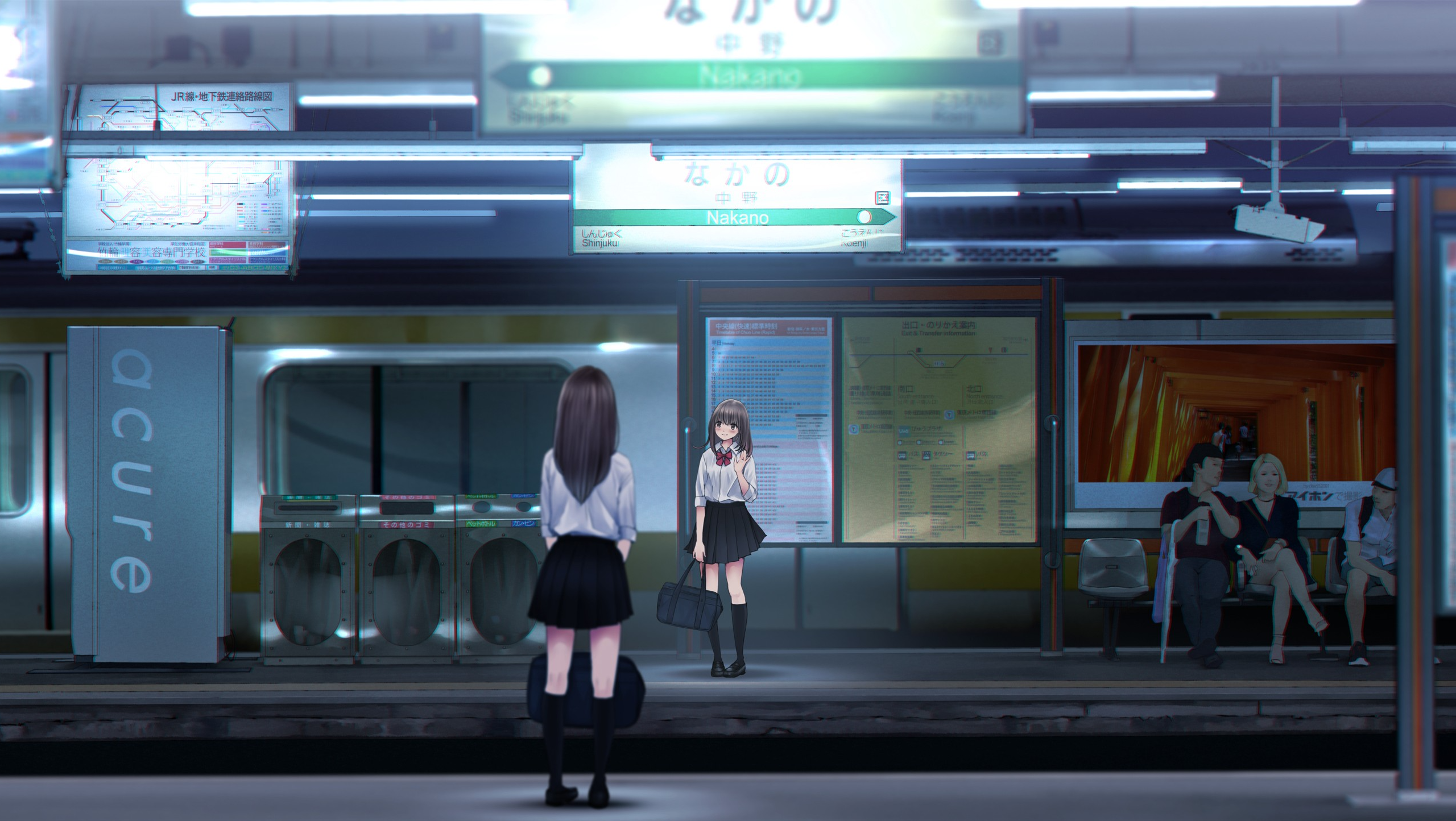Two schoolgirls at Nakano train station HD Wallpaper