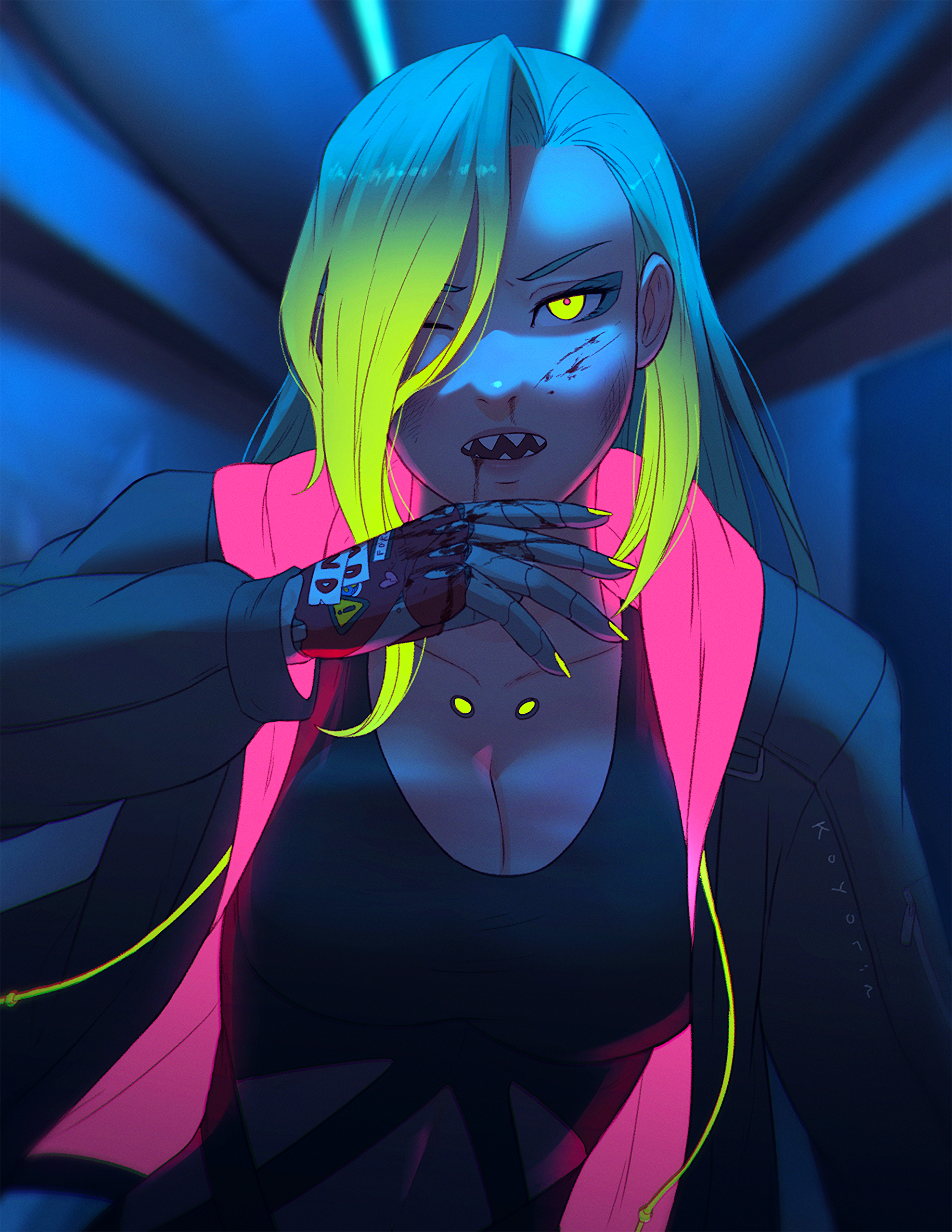 Cyberpunk character with neon hair and bloody mouth HD Phone Wallpaper