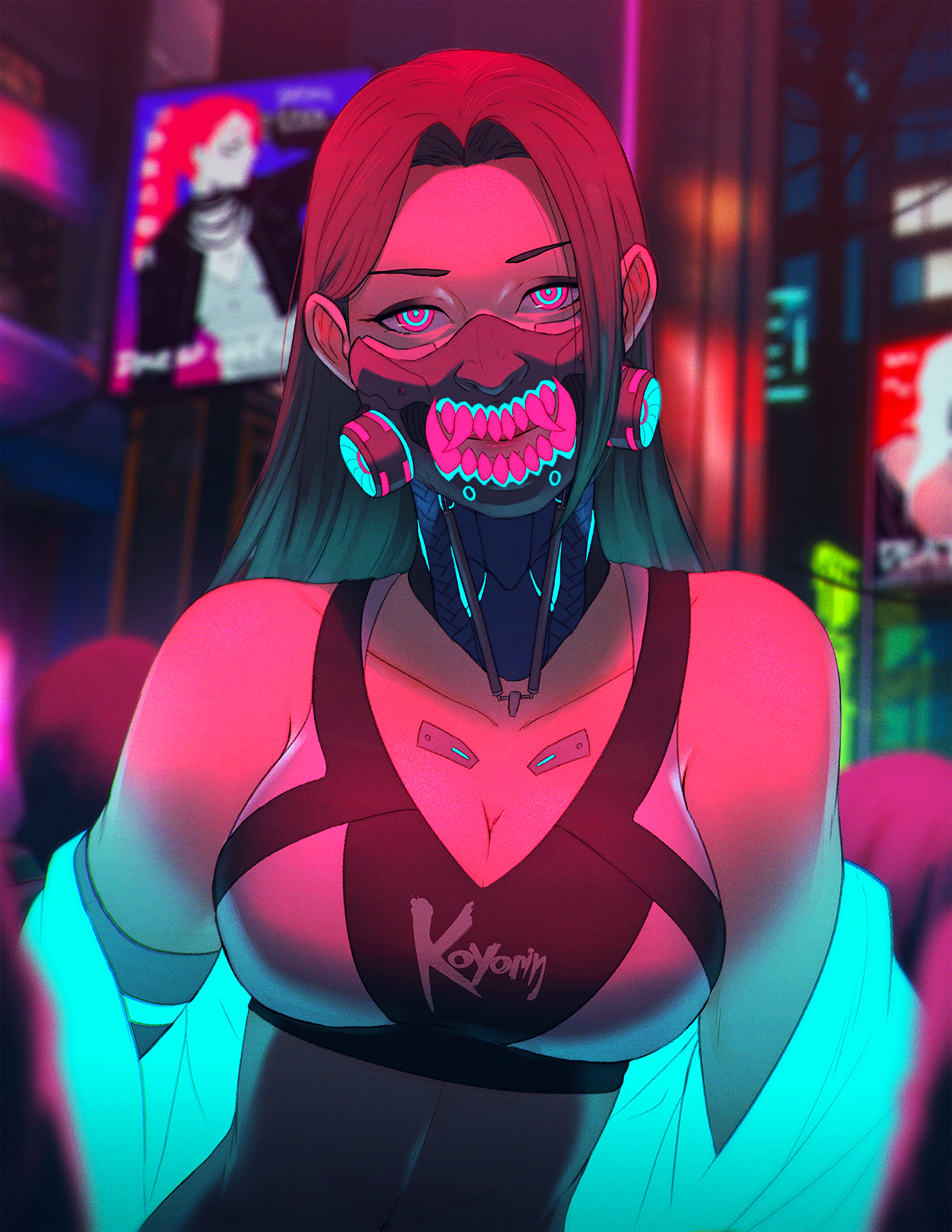 Cyberpunk woman with gas mask and Koyorin top HD Phone Wallpaper