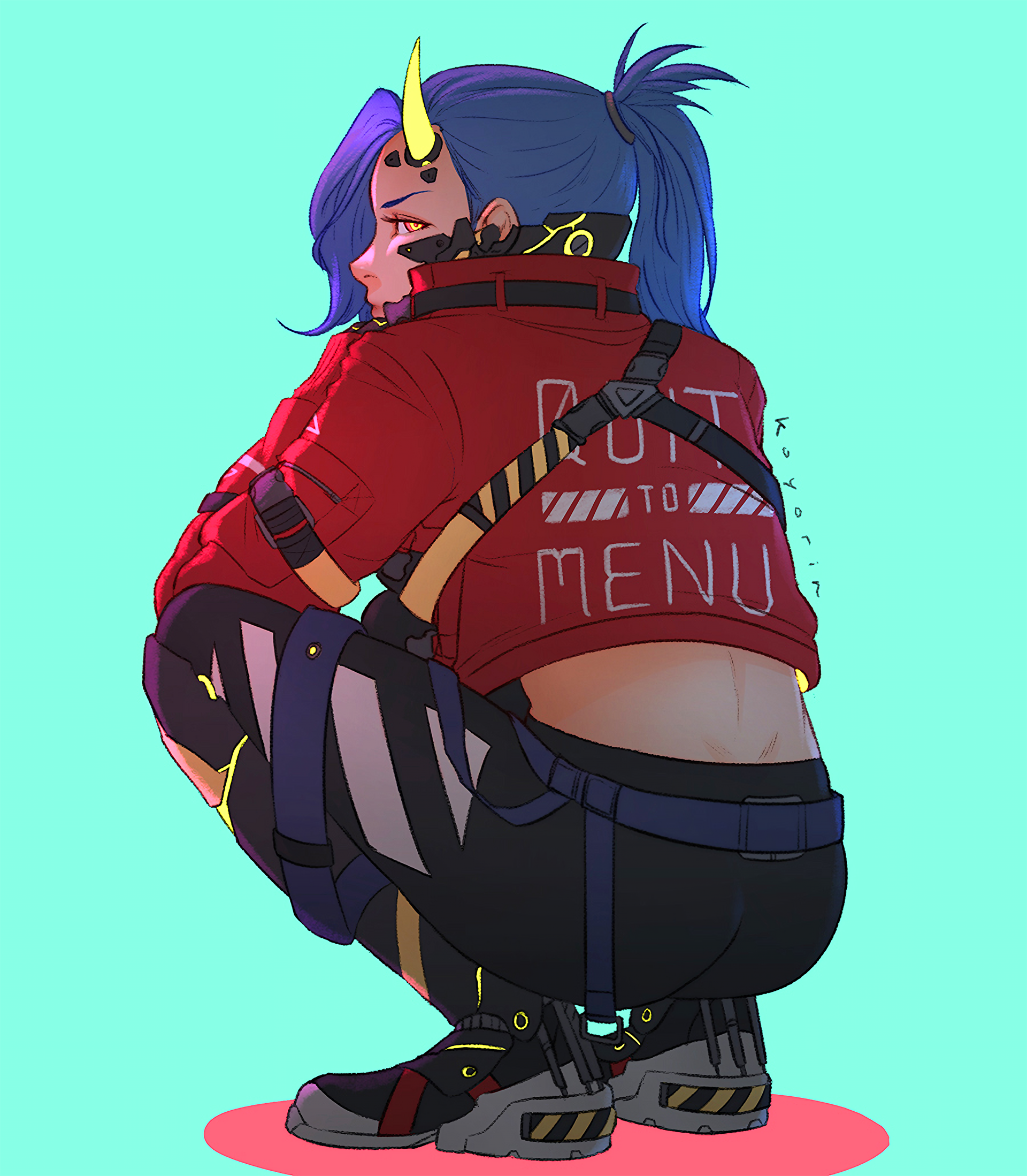 Cyberpunk character with blue hair and horns HD Phone Wallpaper