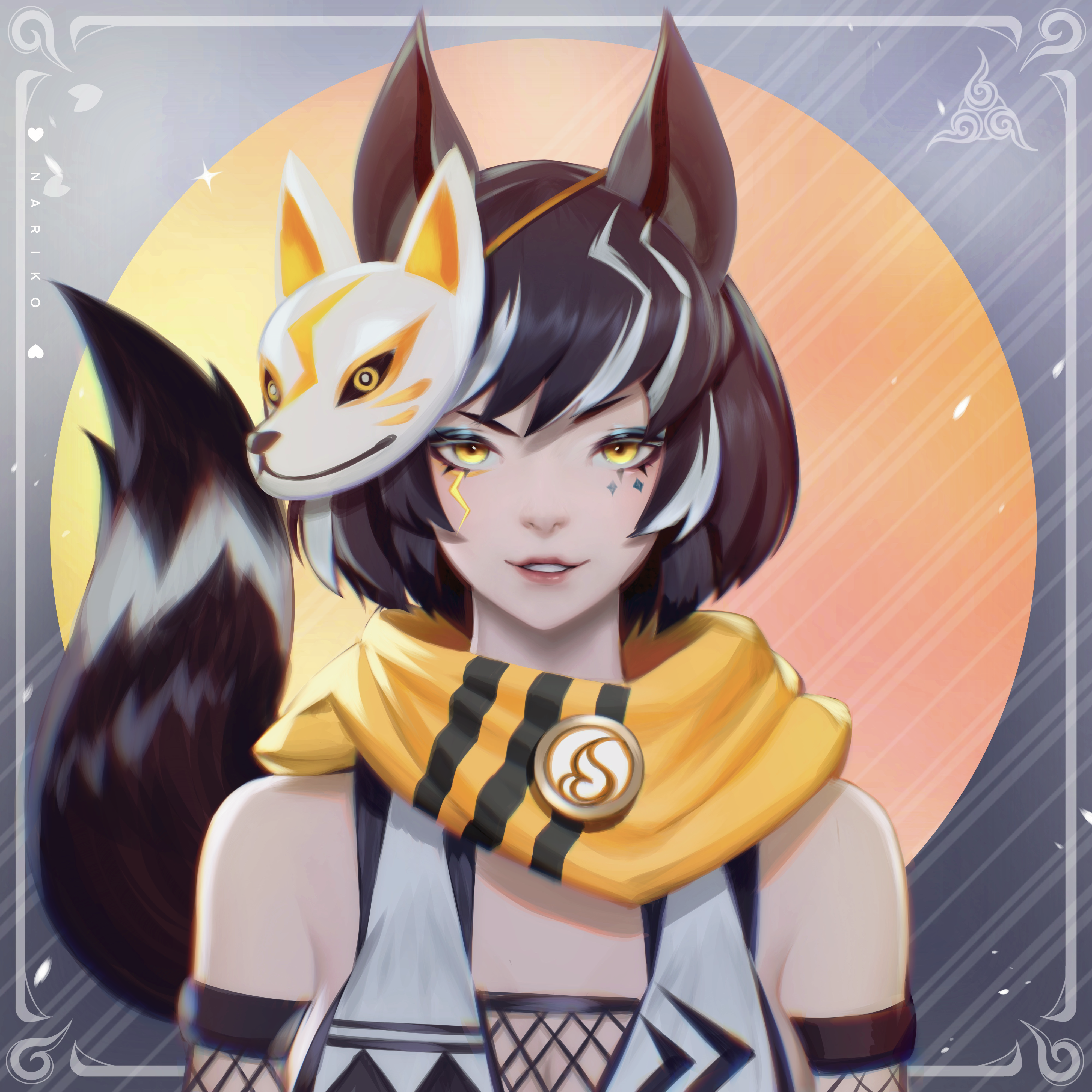 Fox girl with fox mask and yellow scarf HD Wallpaper