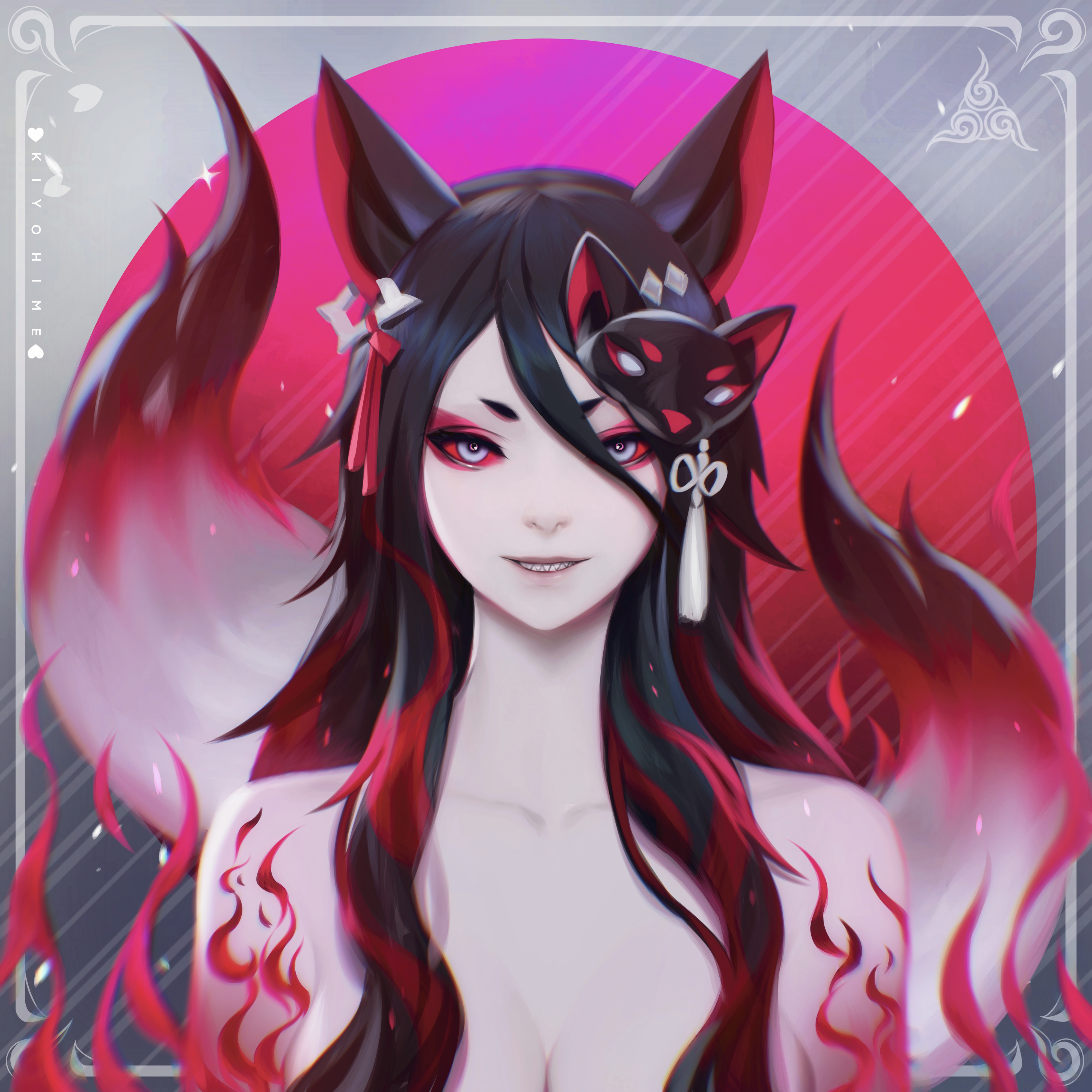 Fox girl with red eyes and fox mask HD Wallpaper