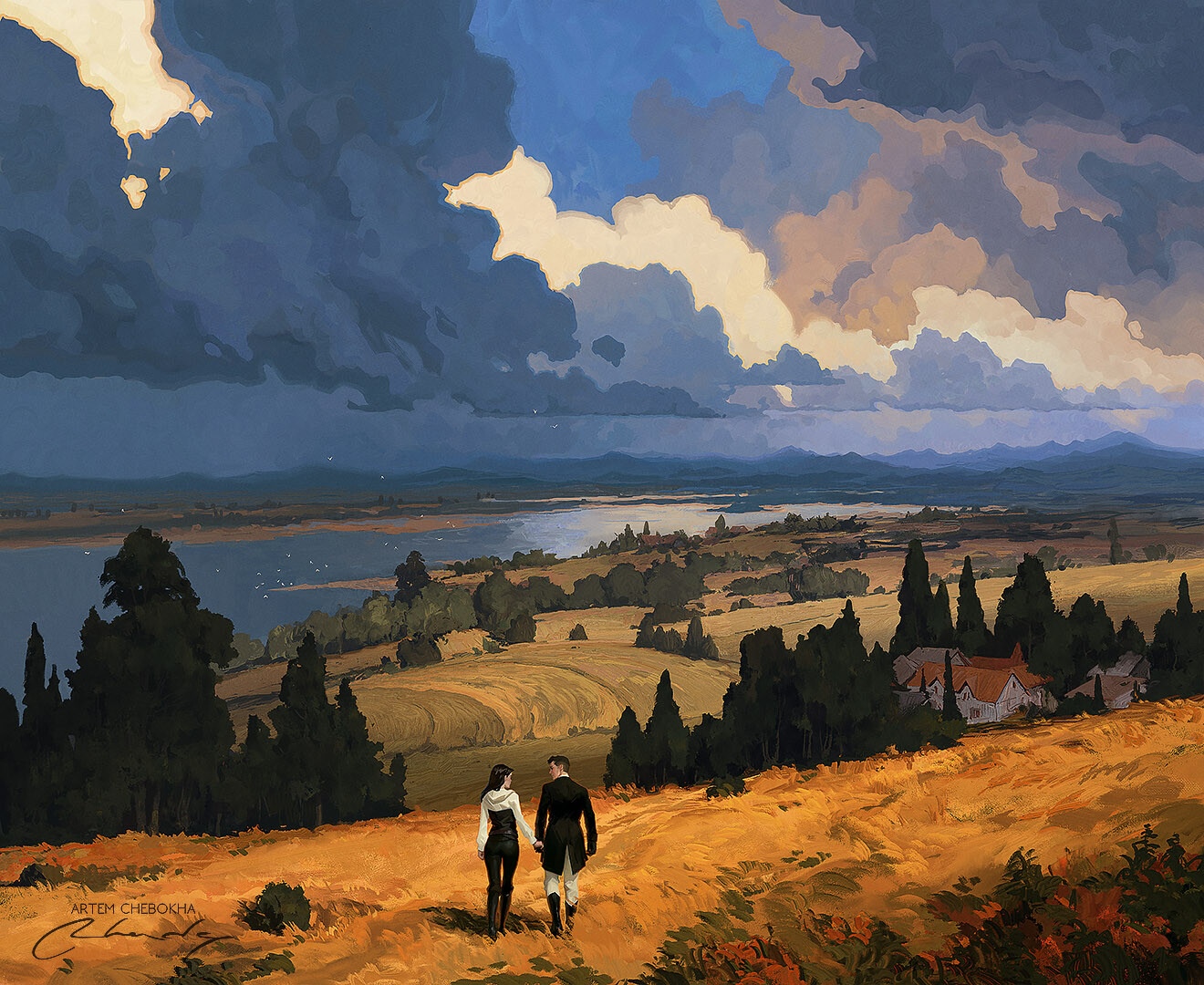 Couple walking through a golden field towards a lake HD Wallpaper