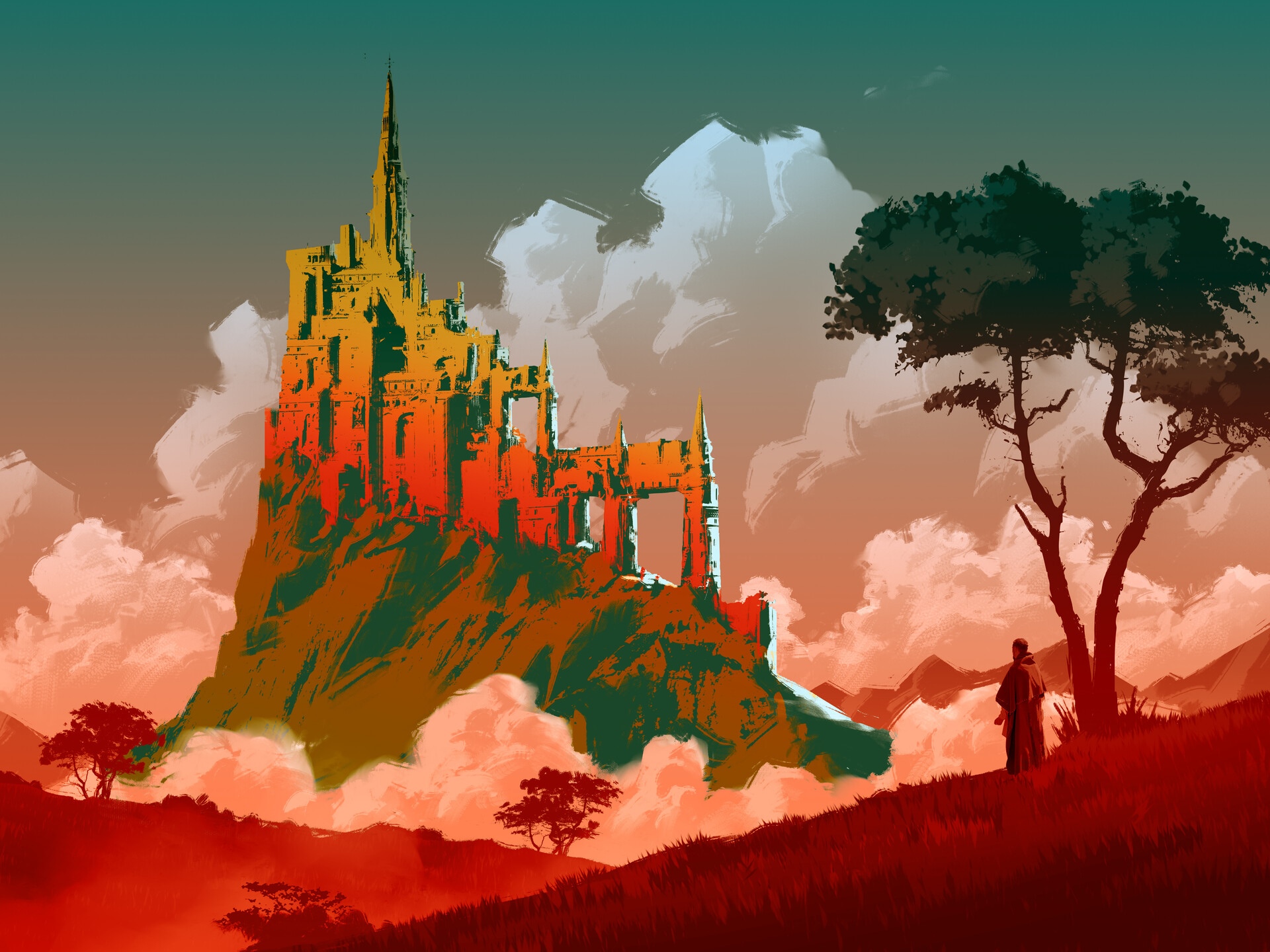 A lone figure gazes at a majestic castle atop a mountain. HD Wallpaper