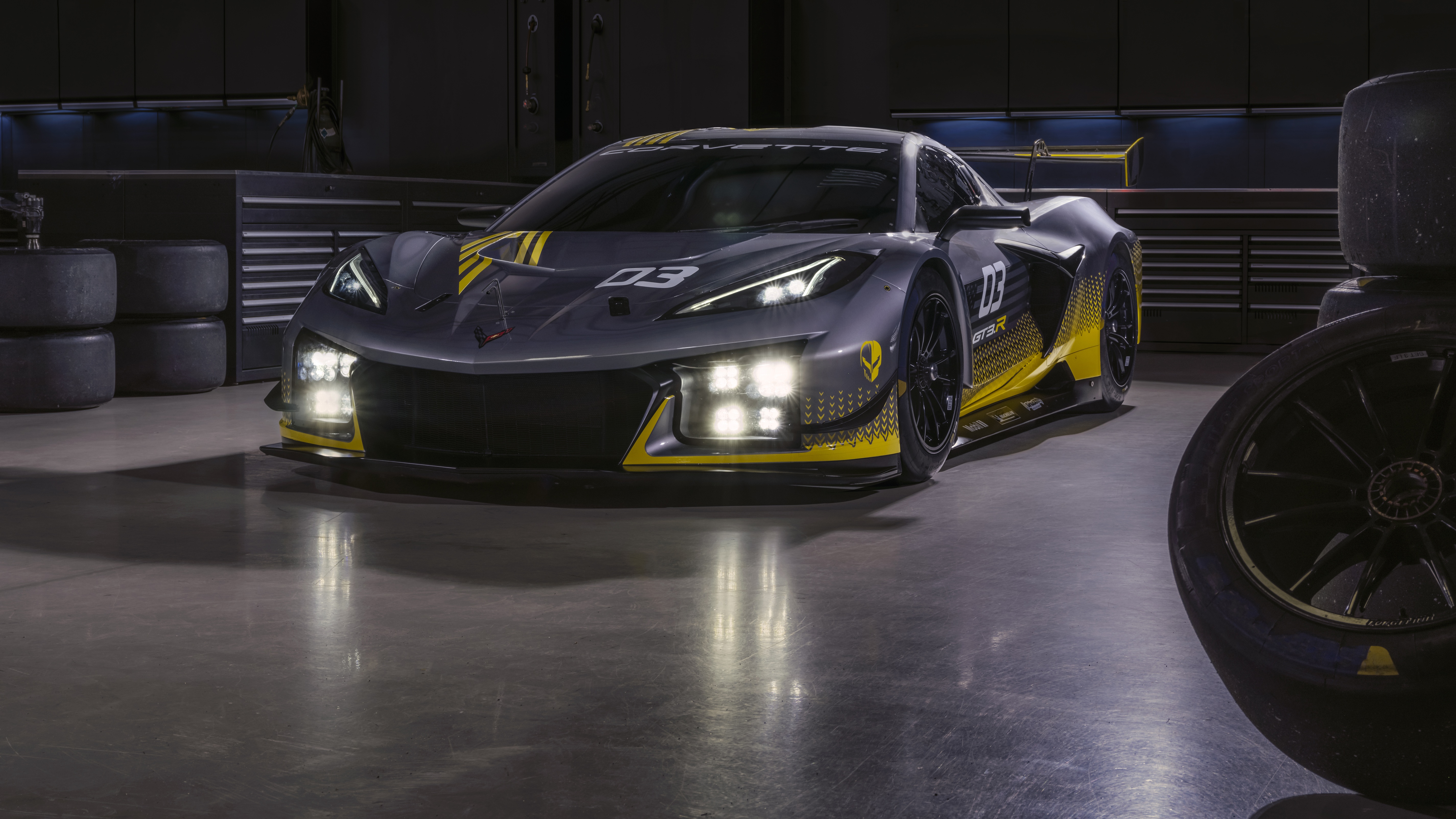 4K Chevrolet Corvette Z06 race car in a garage HD Wallpaper