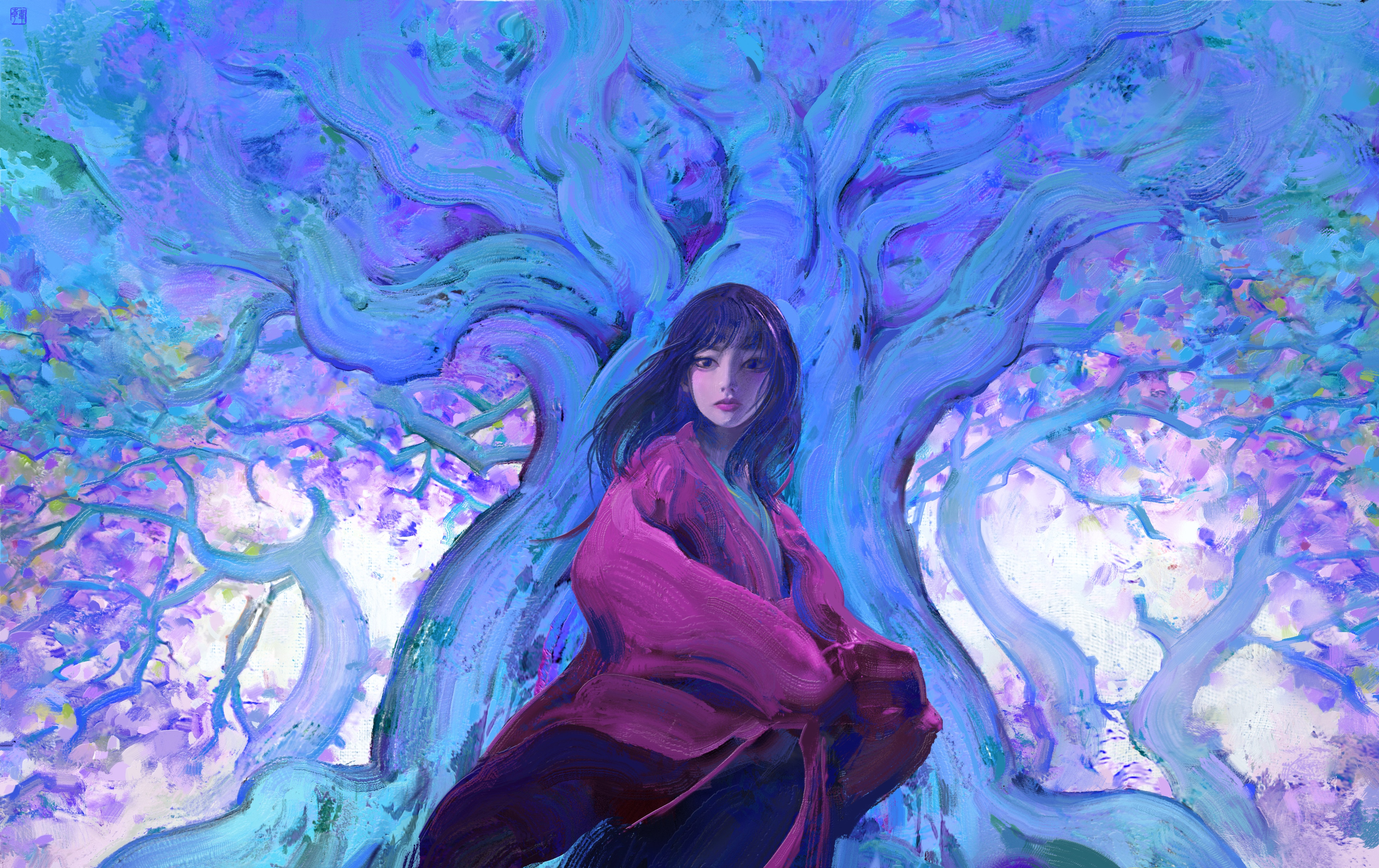 Painting of a woman in a pink robe under a blue tree HD Wallpaper