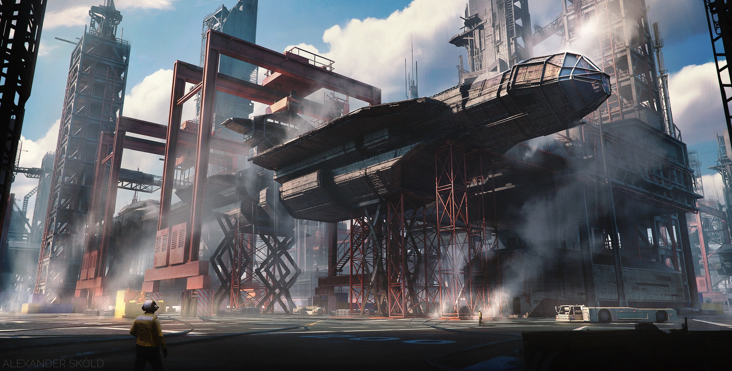 Spaceship construction in a futuristic industrial environment HD Wallpaper