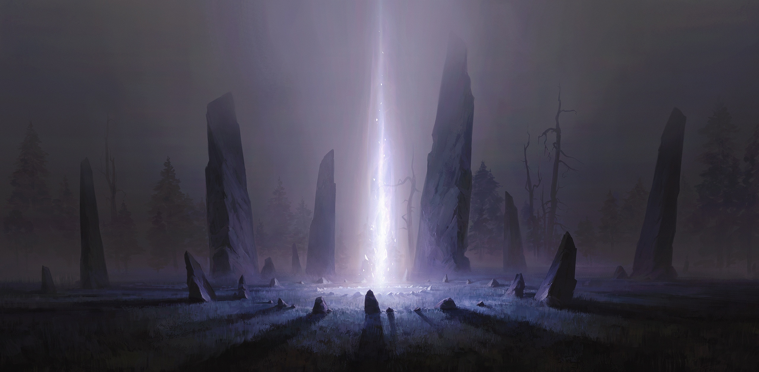 Alexander Sköld's fantasy art of a stone circle with light beam HD Wallpaper