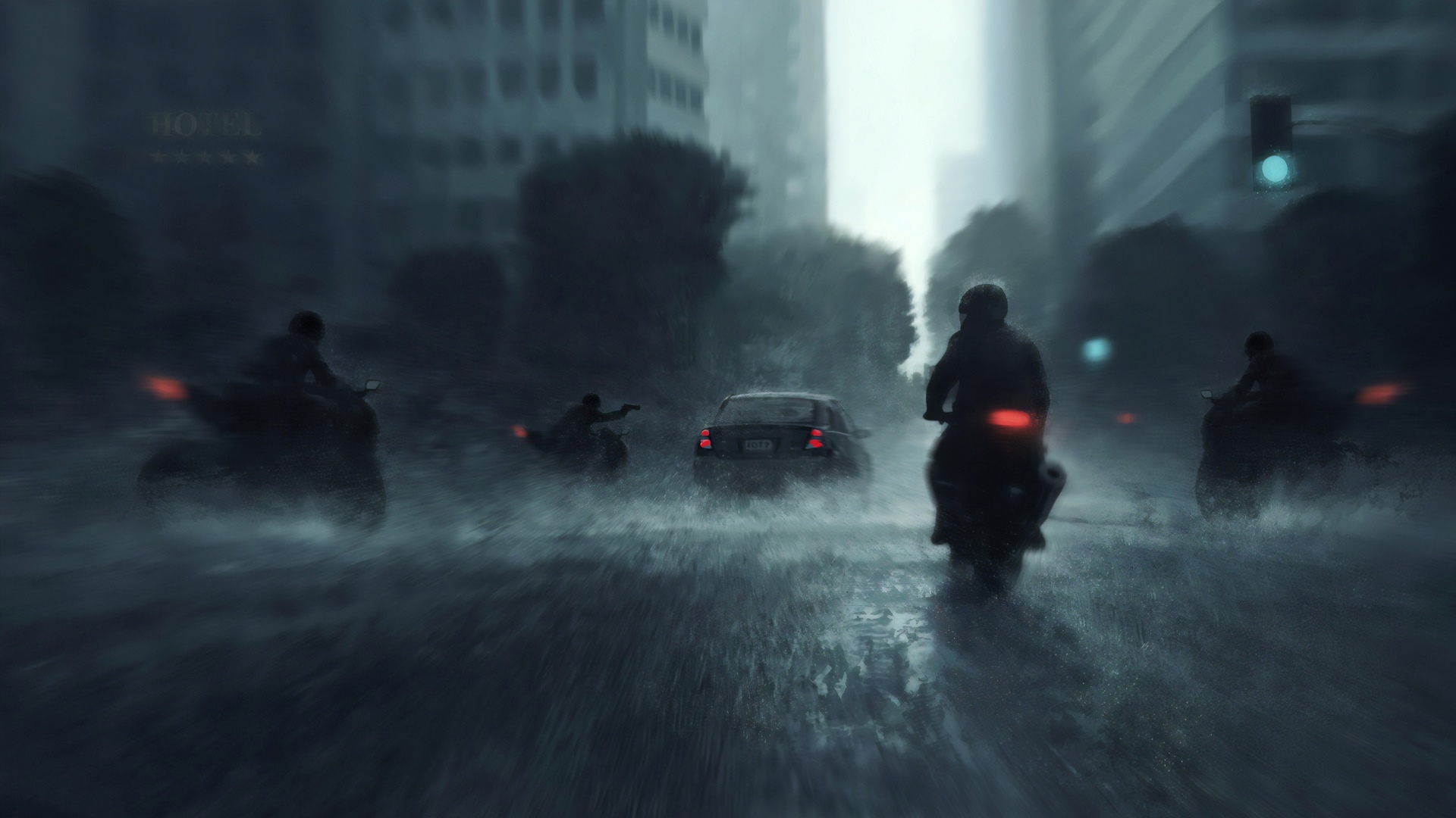 Motorcyclists and car in the rain on a city street HD Wallpaper