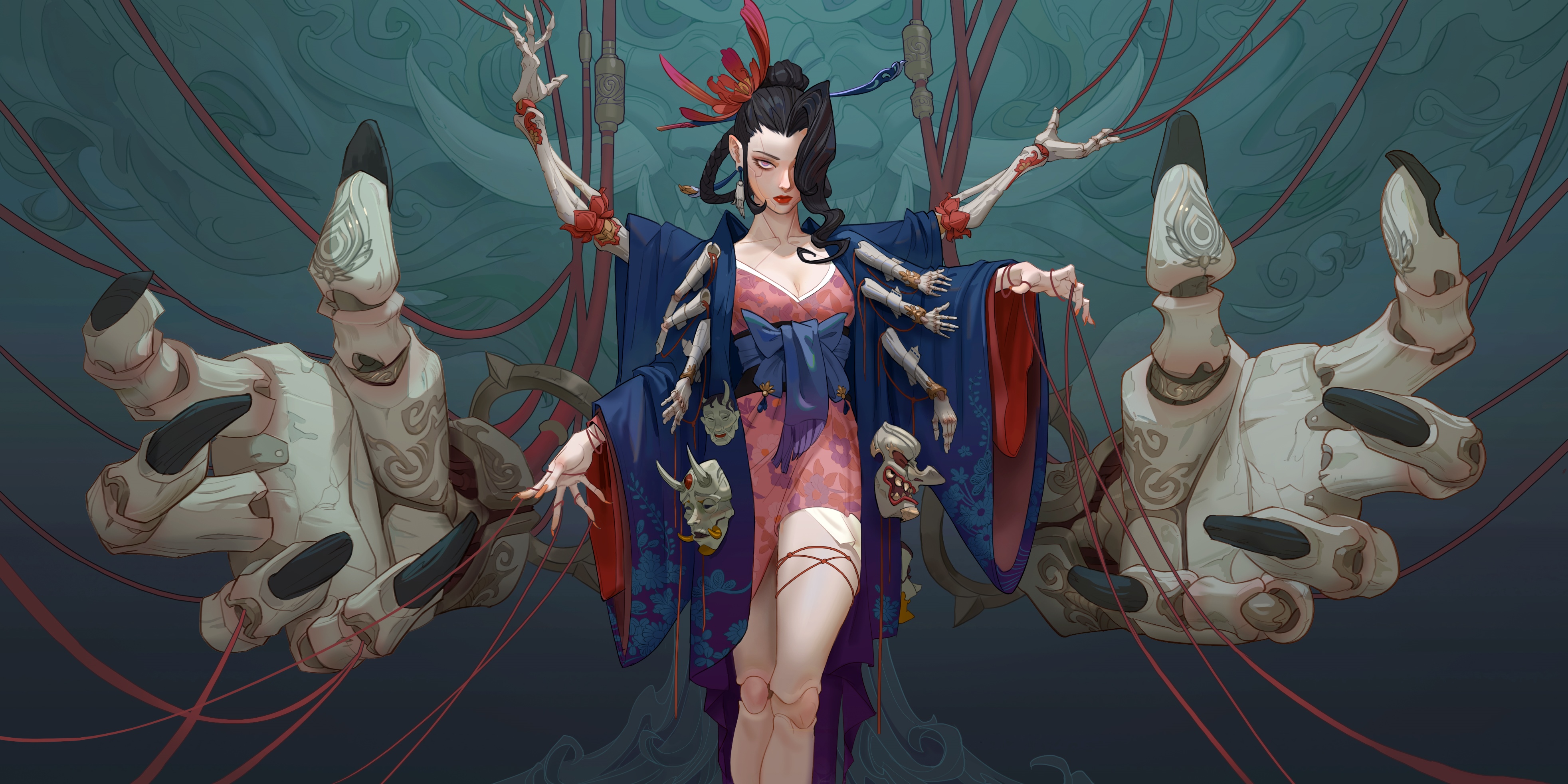 Fantasy girl with multiple arms and masks HD Wallpaper