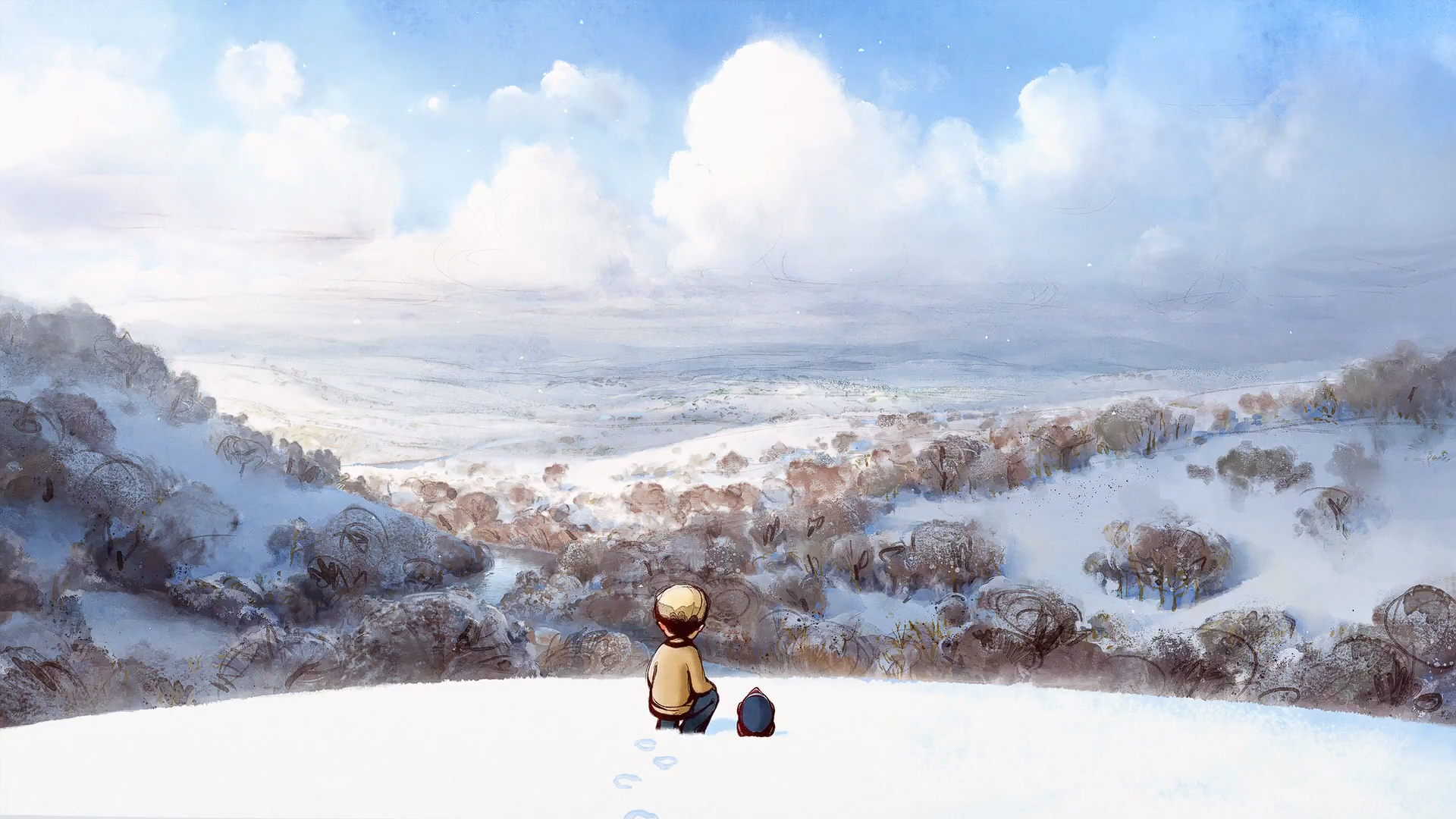 The Boy and the Fox and the Horse in Winter Landscape HD Wallpaper