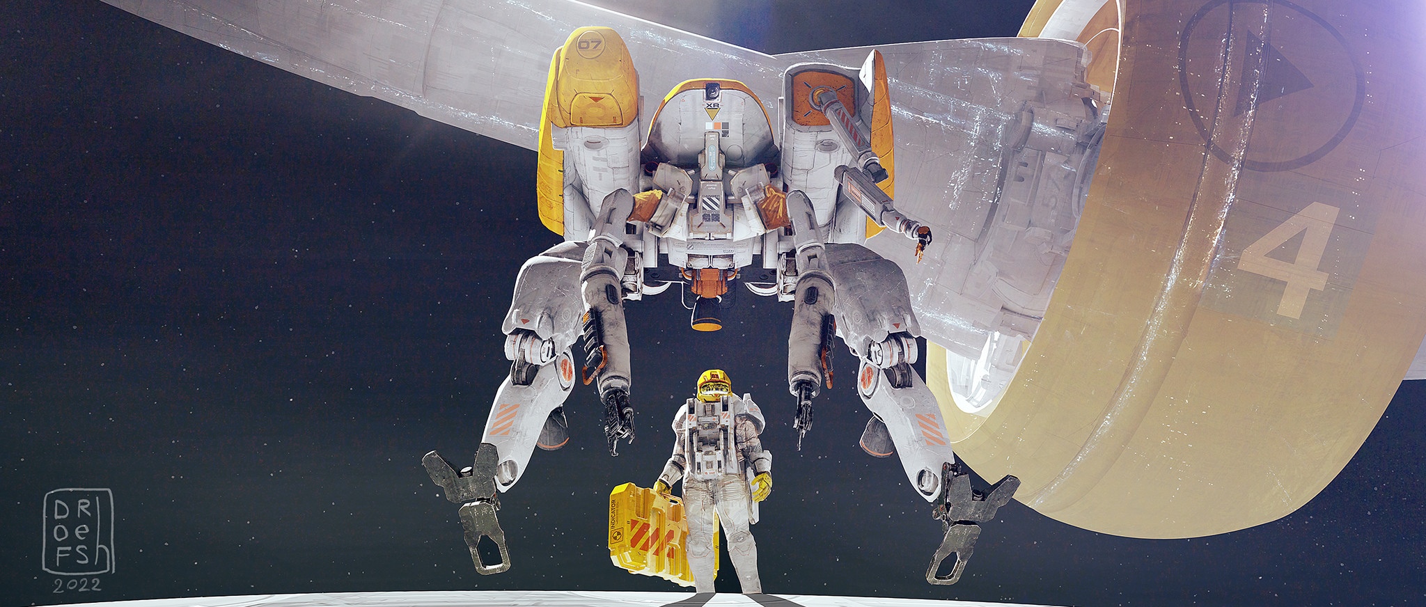 Astronaut and robot near a spaceship with number 4 HD Wallpaper