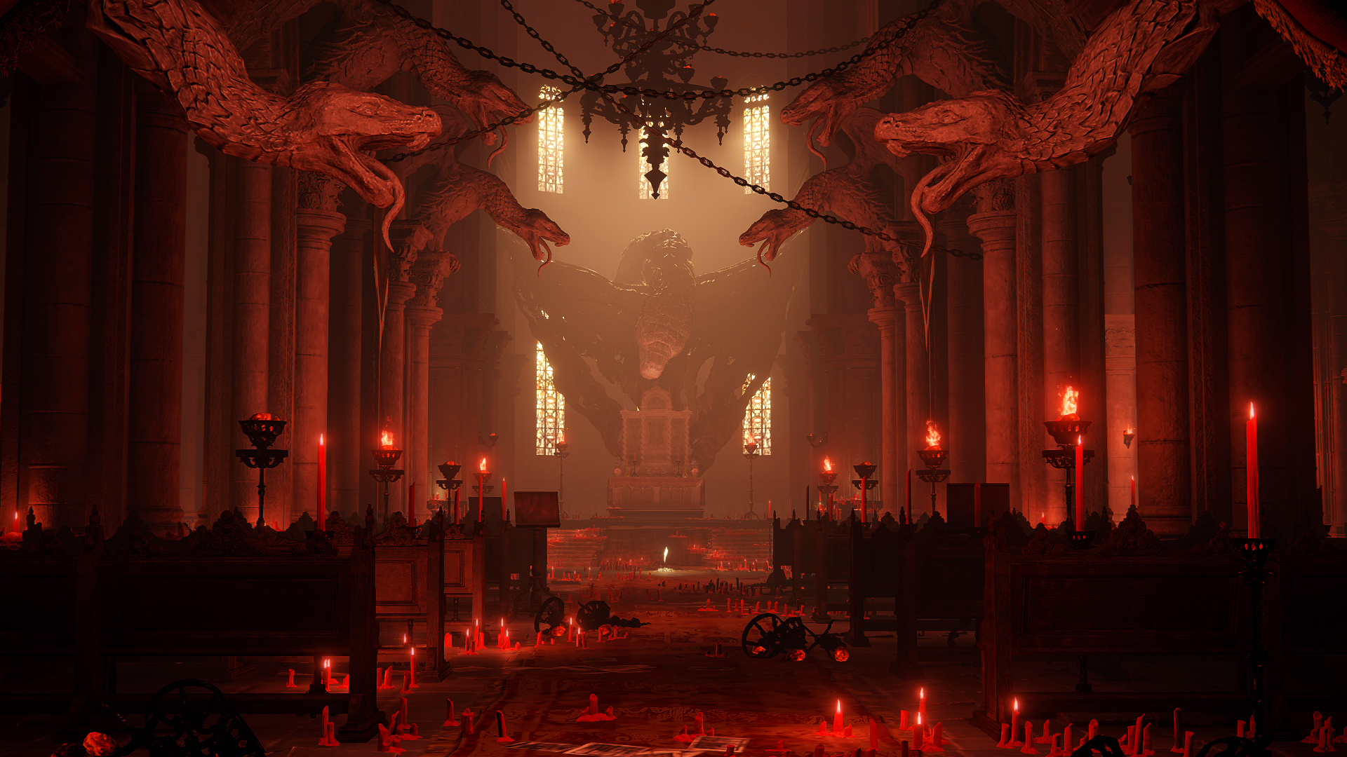 Elden Ring church with dragon statues and candles HD Wallpaper