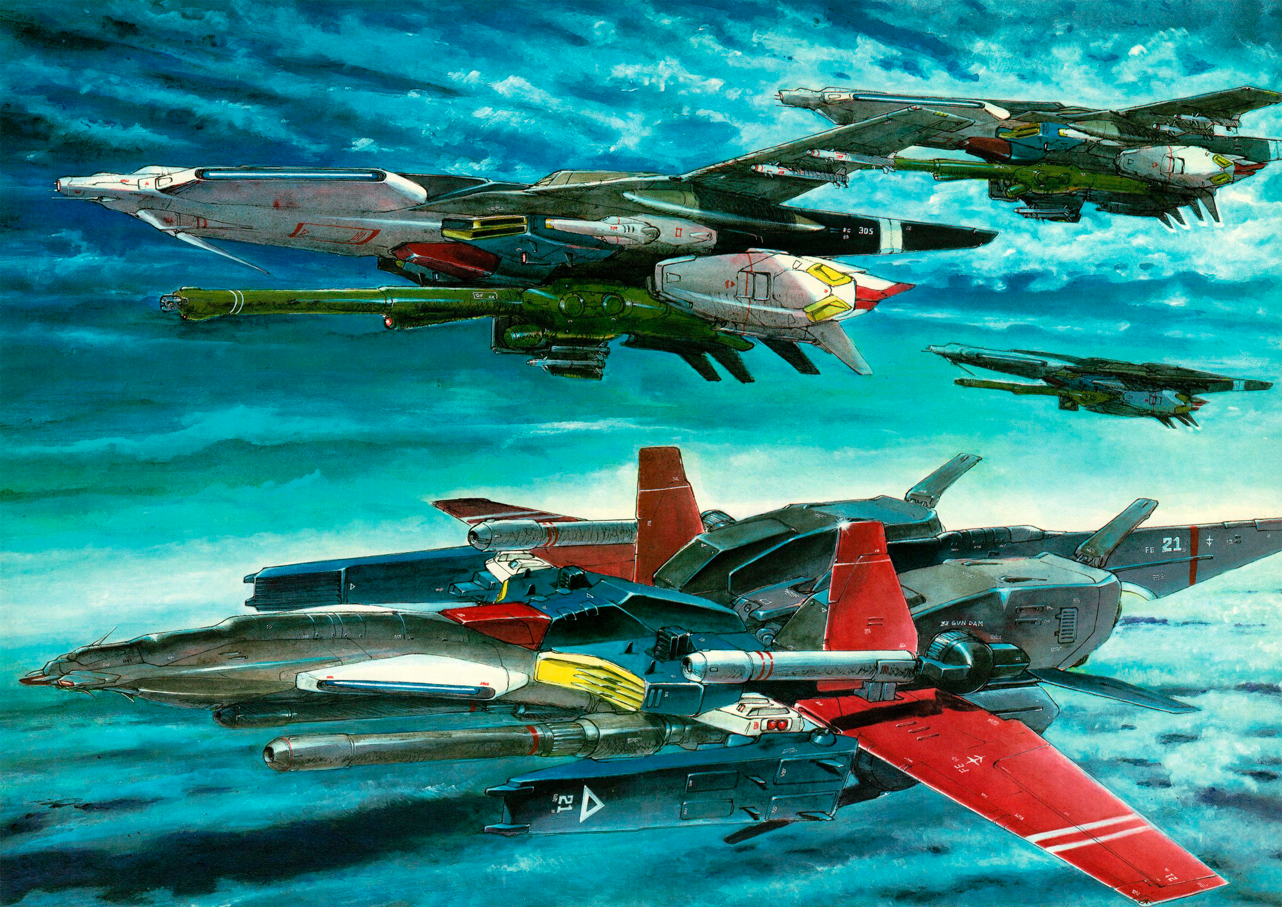 Gundam mechs flying through a cloudy sky HD Wallpaper
