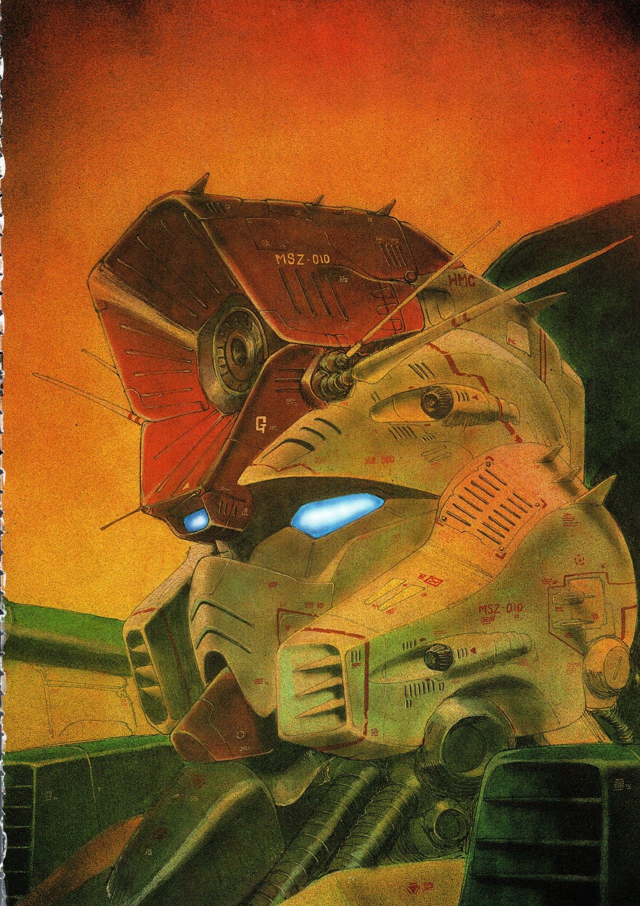 MSZ-010 Gundam drawing with orange sky HD Phone Wallpaper