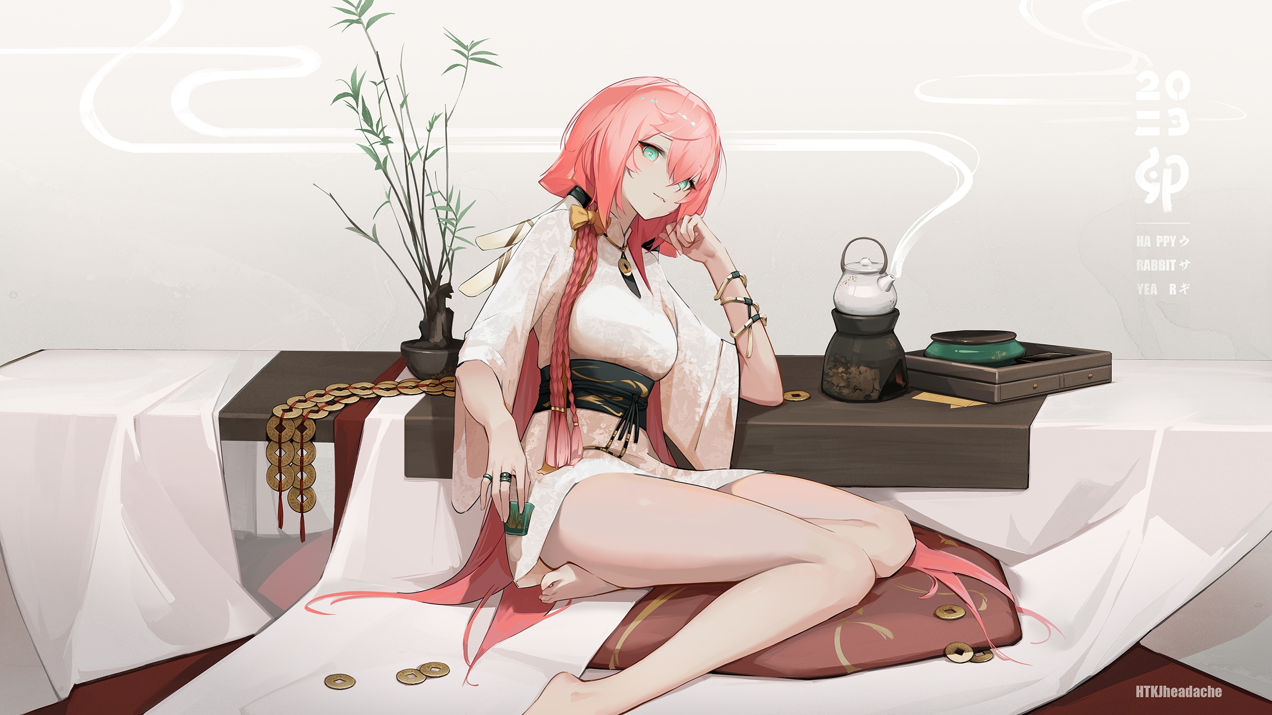 Yanfei from Genshin Impact with pink hair and green eyes HD Wallpaper