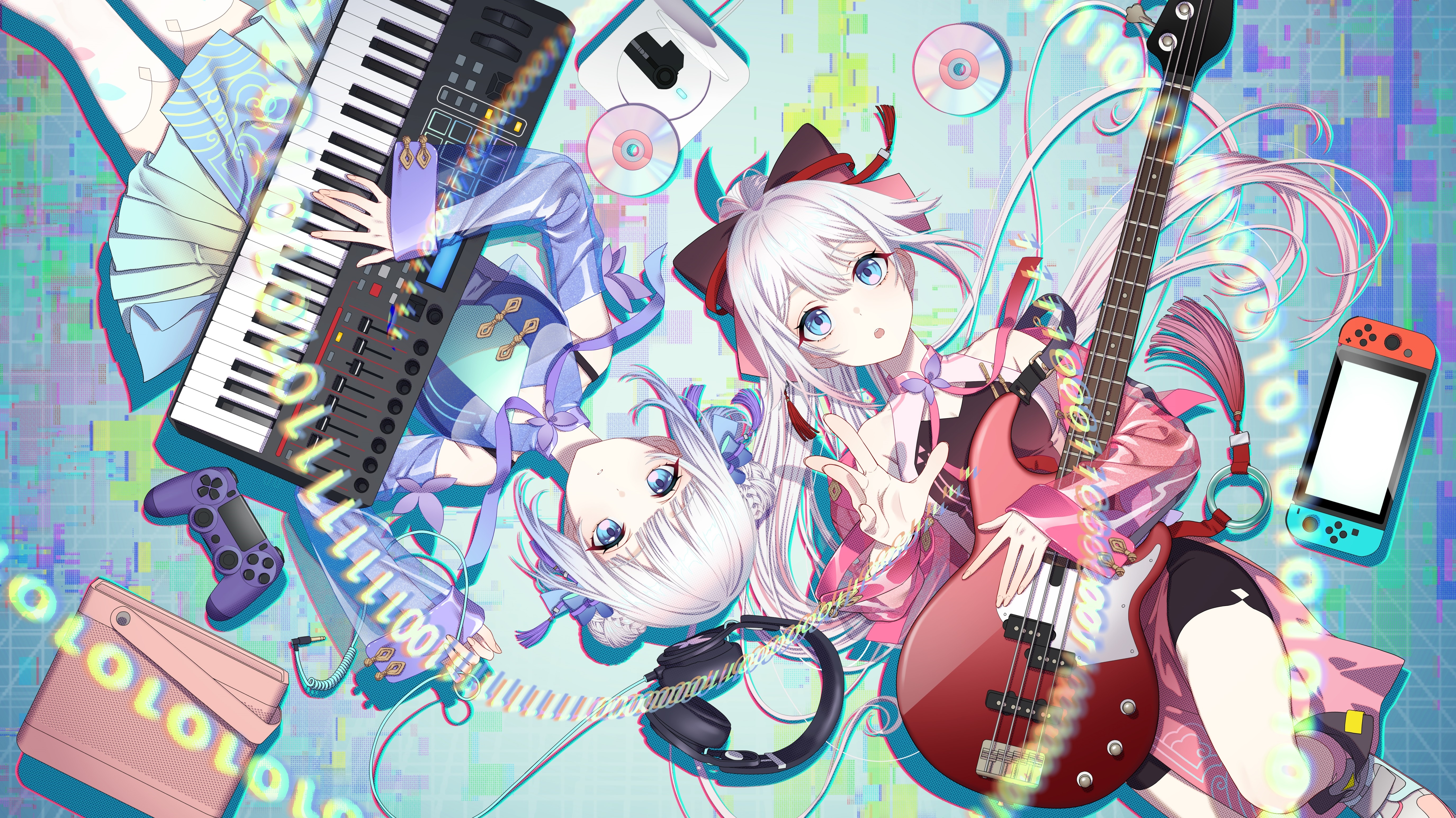 Two anime girls with musical instruments and gaming devices HD Wallpaper
