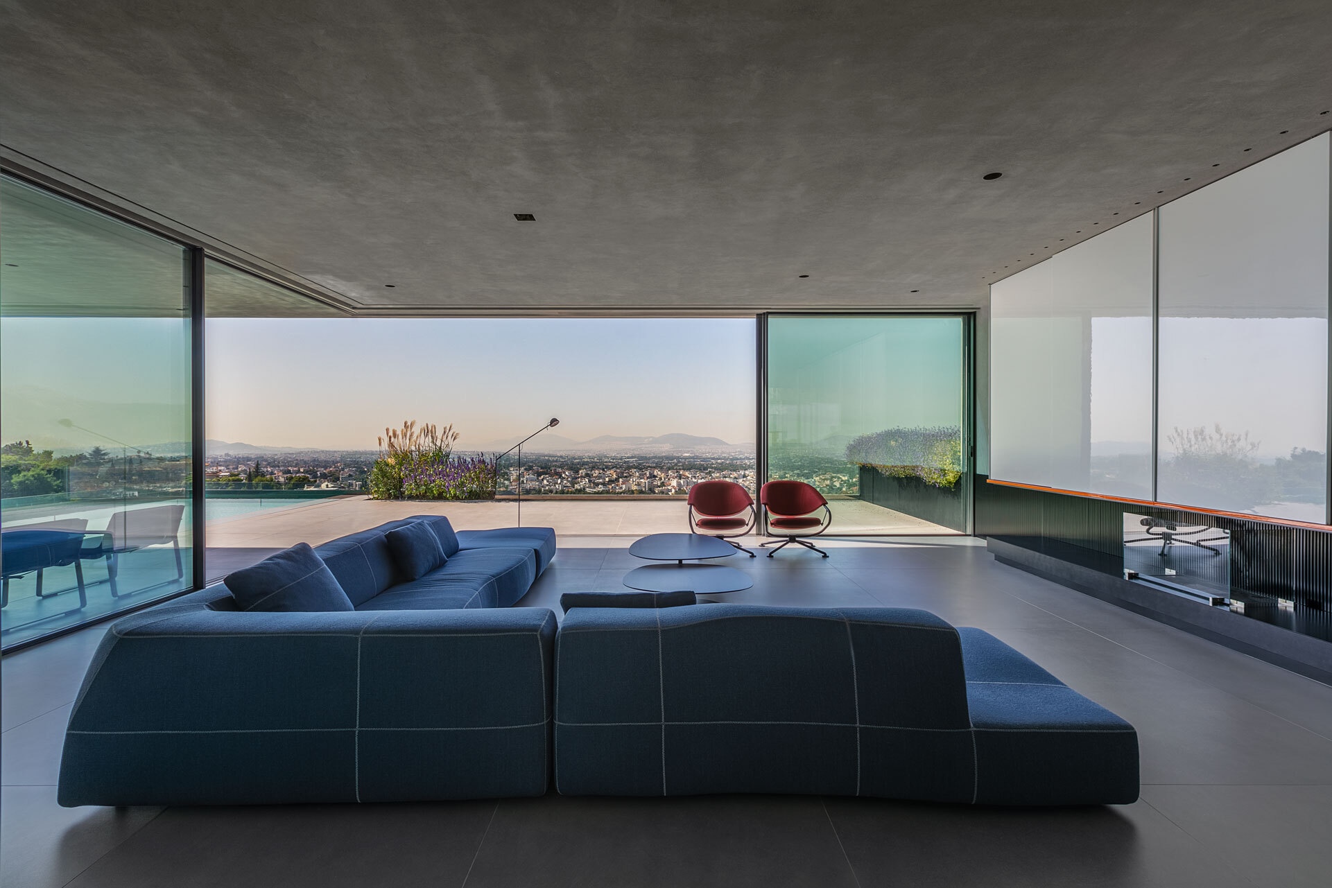 Modern living room with panoramic city view HD Wallpaper