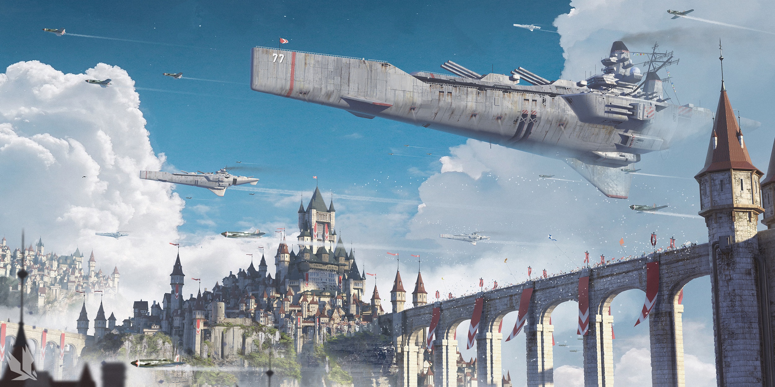 Futuristic city with flying aircraft carrier and castles HD Wallpaper