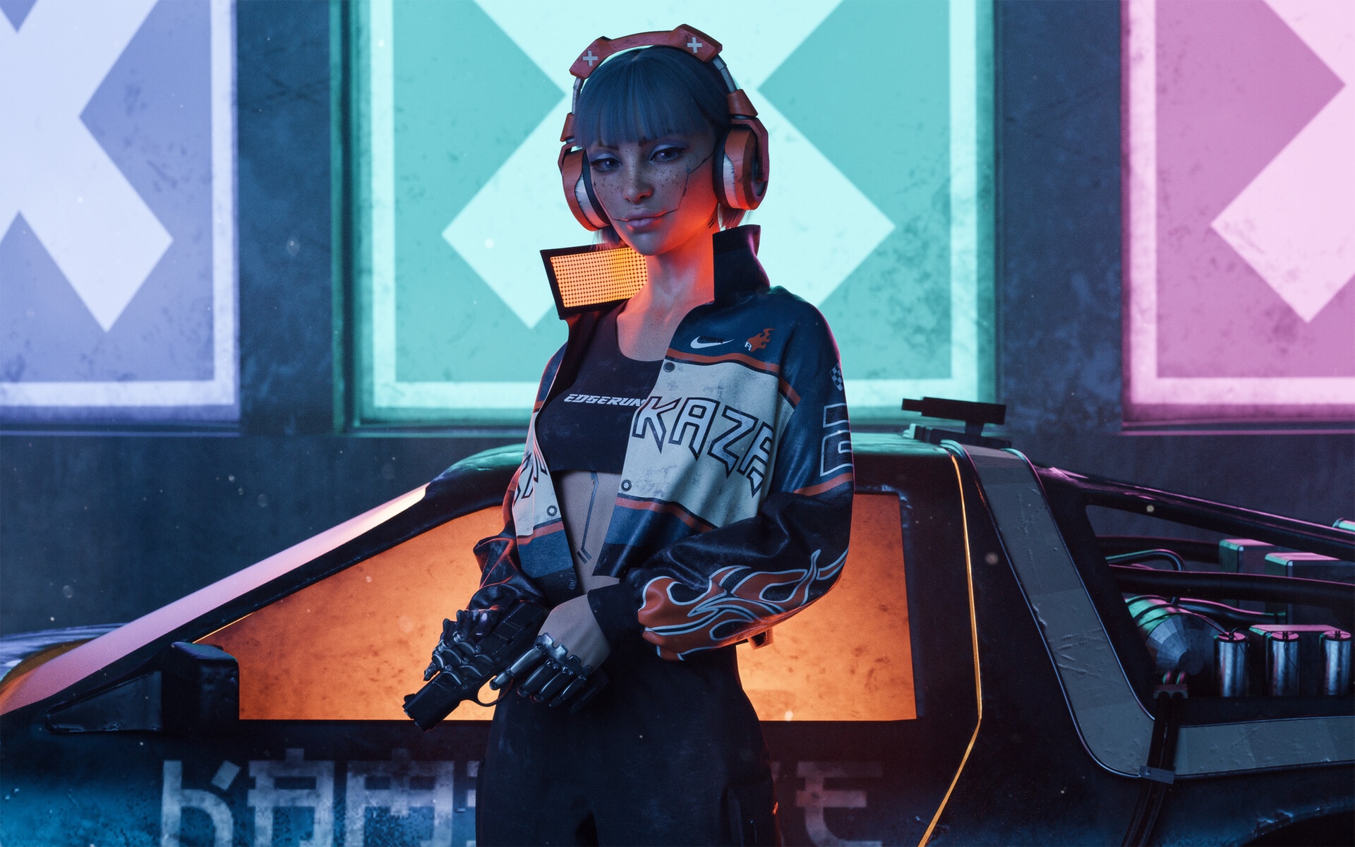Cyberpunk girl with headphones and gun next to a car HD Wallpaper