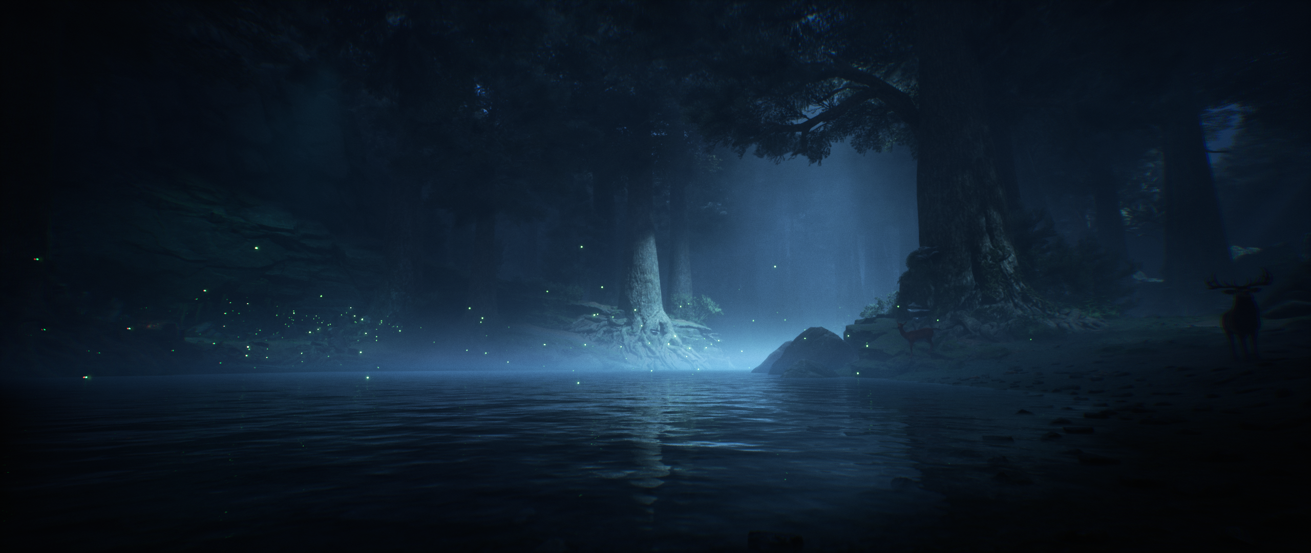Hogwarts Legacy forest with lake and deer HD Wallpaper