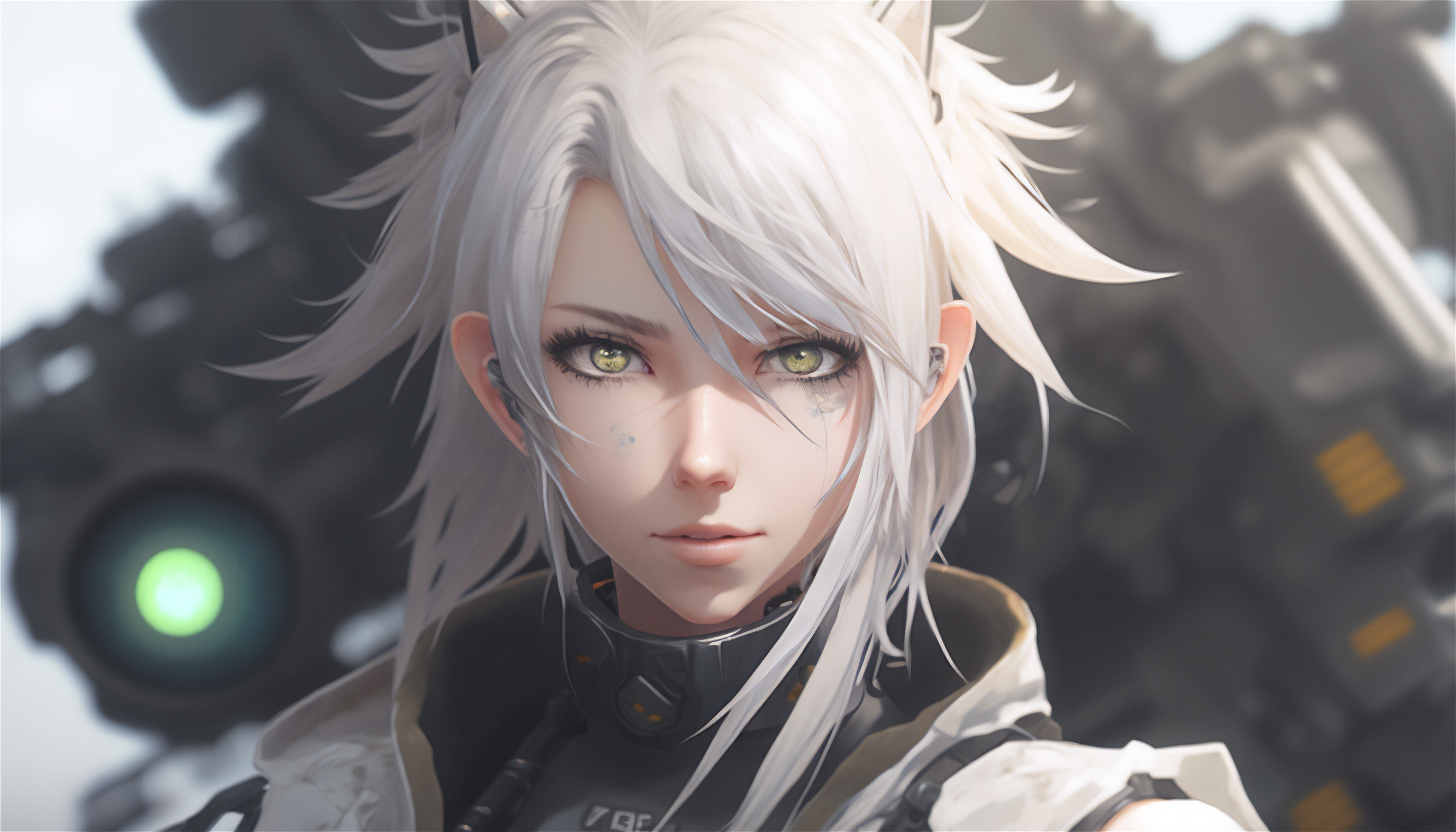 Anime girl with white hair and cat ears HD Wallpaper