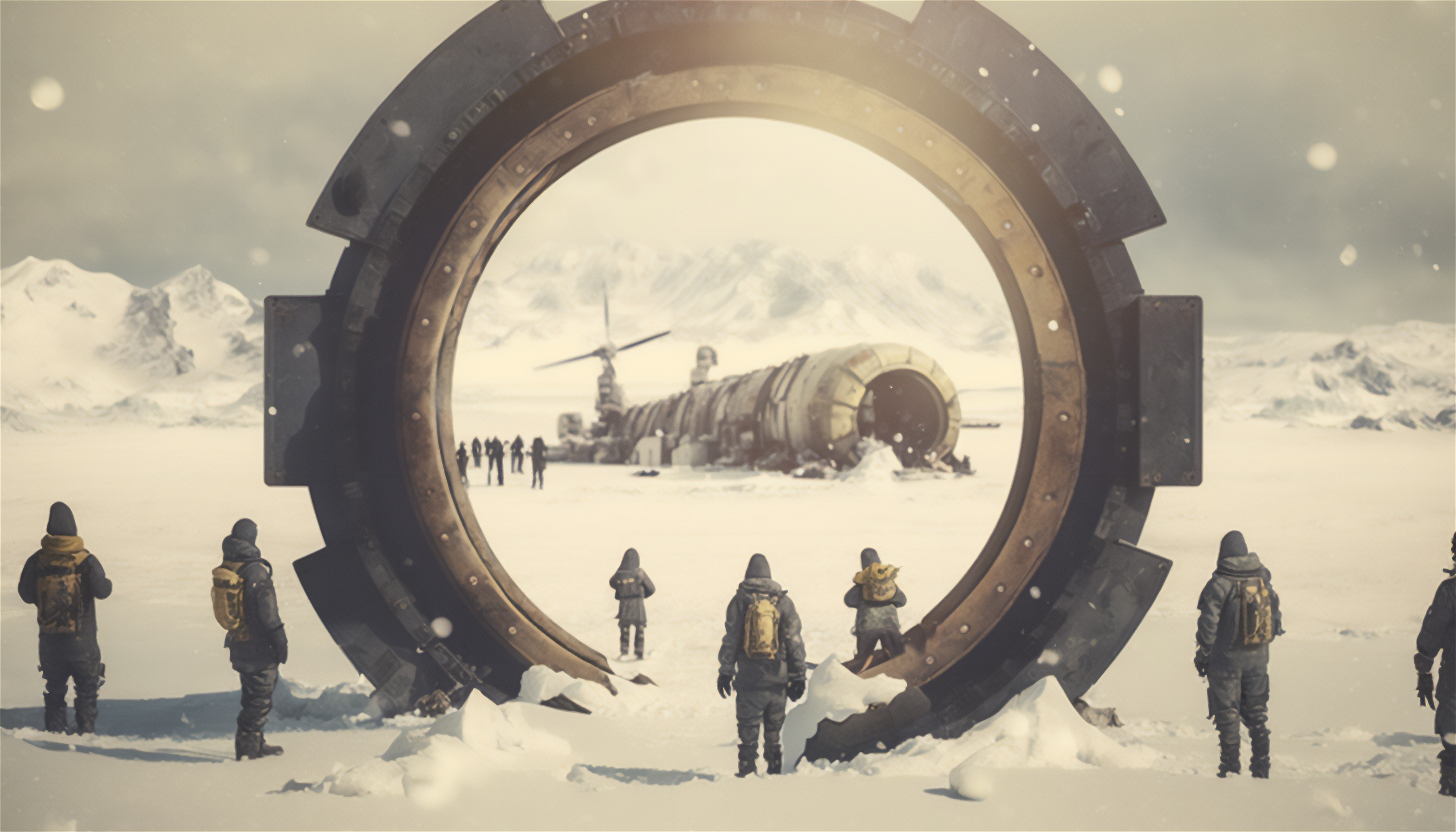 Explorers discover ancient portal and crashed aircraft in snowy landscape HD Wallpaper
