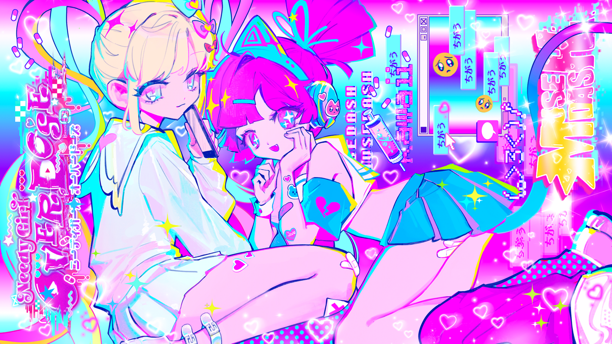 MuseDash Needy Girl Overdose Schoolgirls with Pills and Phones HD Wallpaper