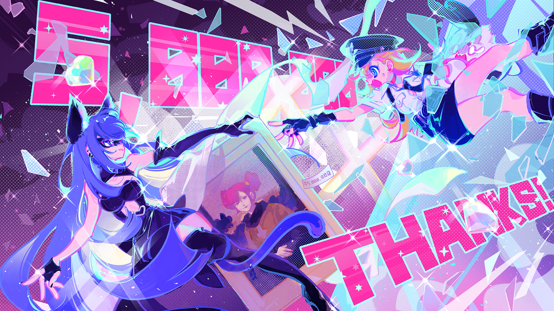 MuseDash characters with broken glass and colorful background HD Wallpaper