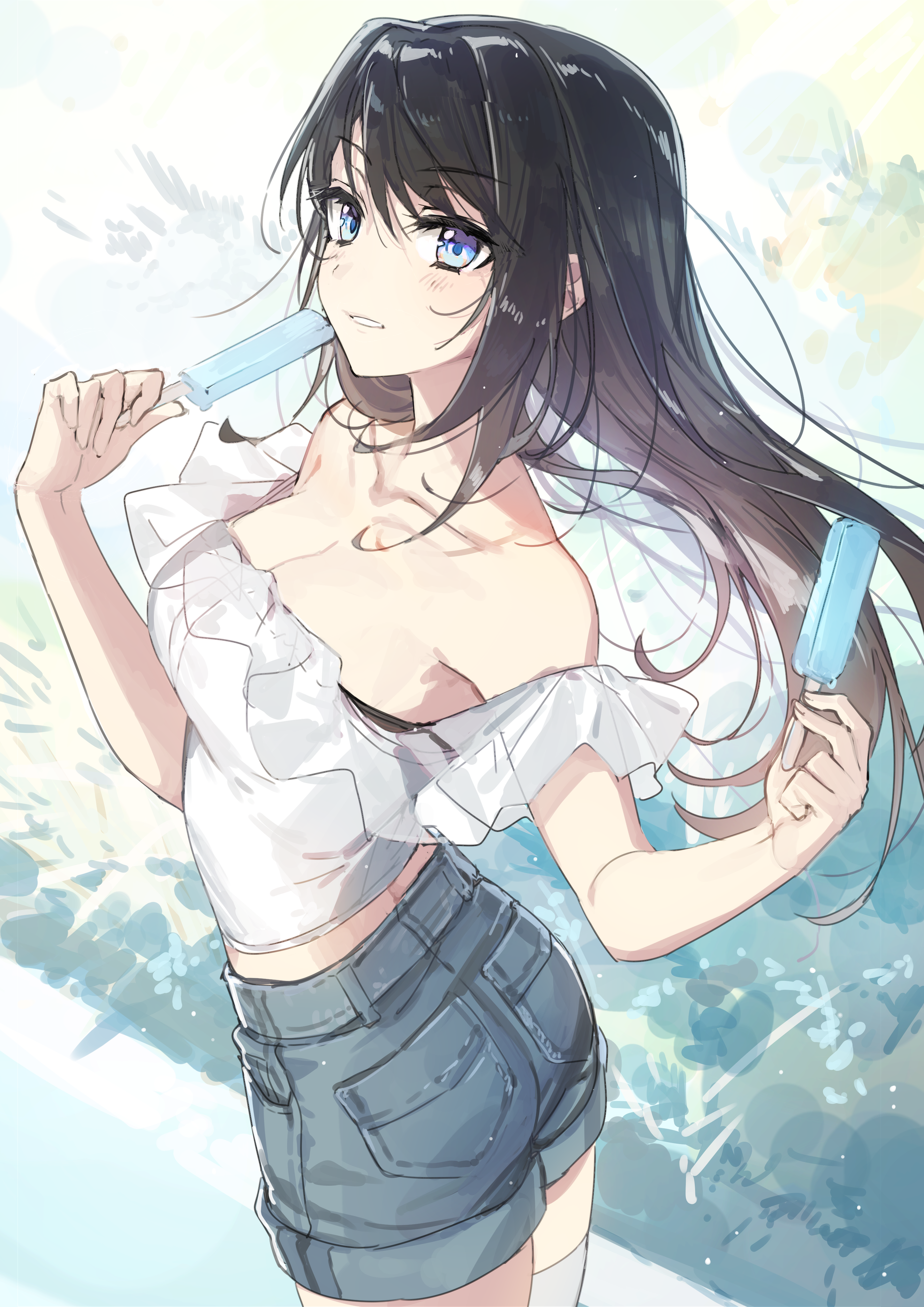 Anime girl with black hair eating a popsicle HD Phone Wallpaper