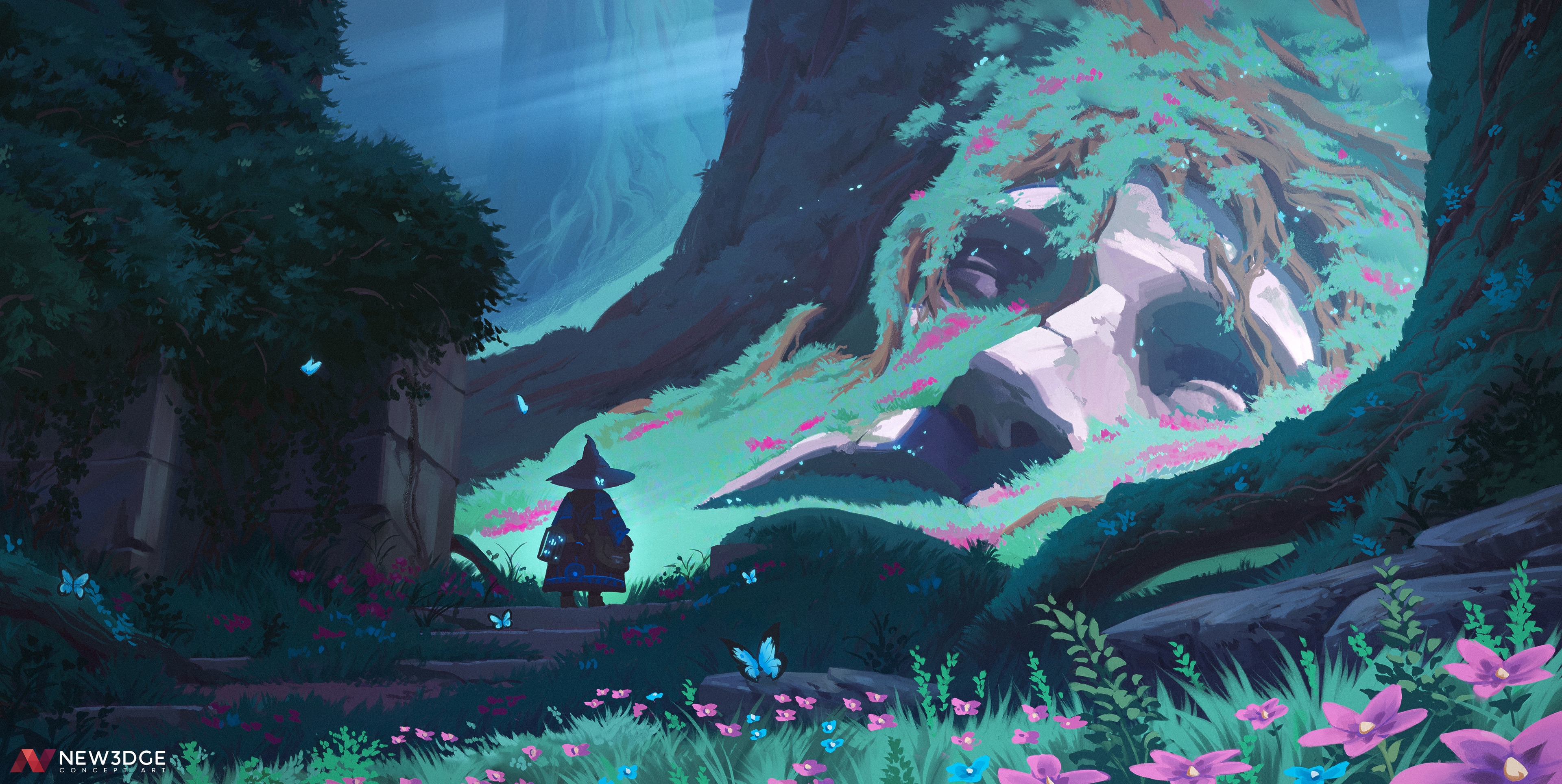 Fantasy forest with a wizard and butterflies HD Wallpaper