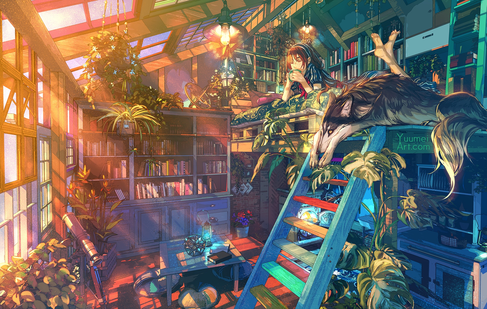 Girl and wolf in a sunlit library loft HD Wallpaper