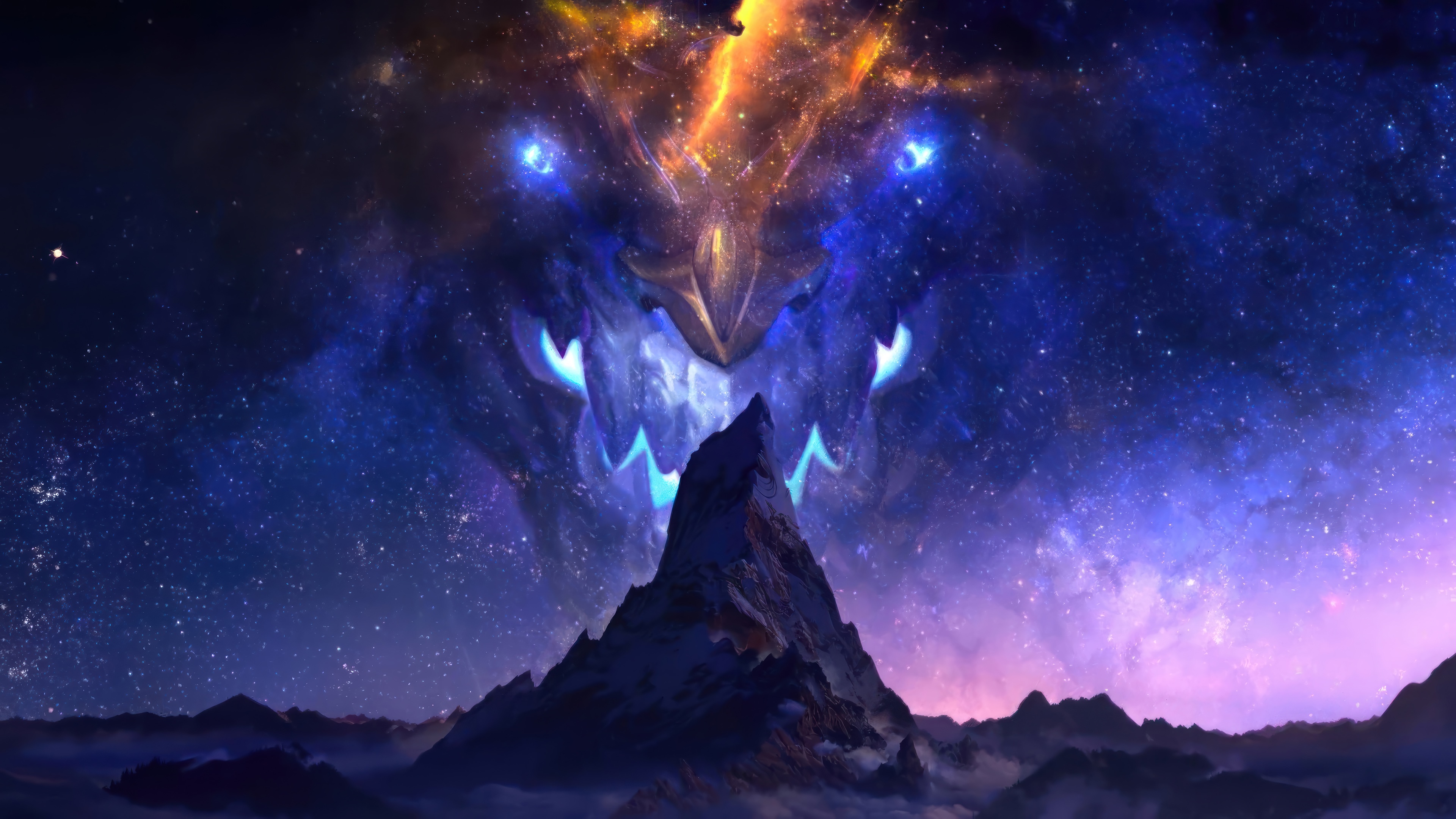 4K Aurelion Sol Dragon in Starry Sky over Mountains HD Wallpaper