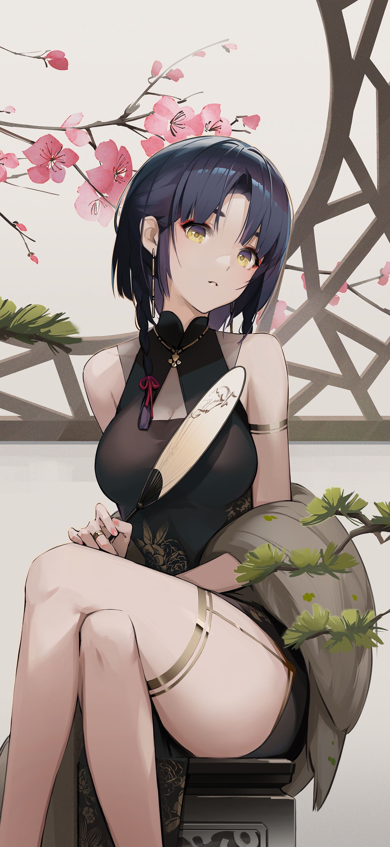Xiangling in a black cheongsam with a fan HD Phone Wallpaper