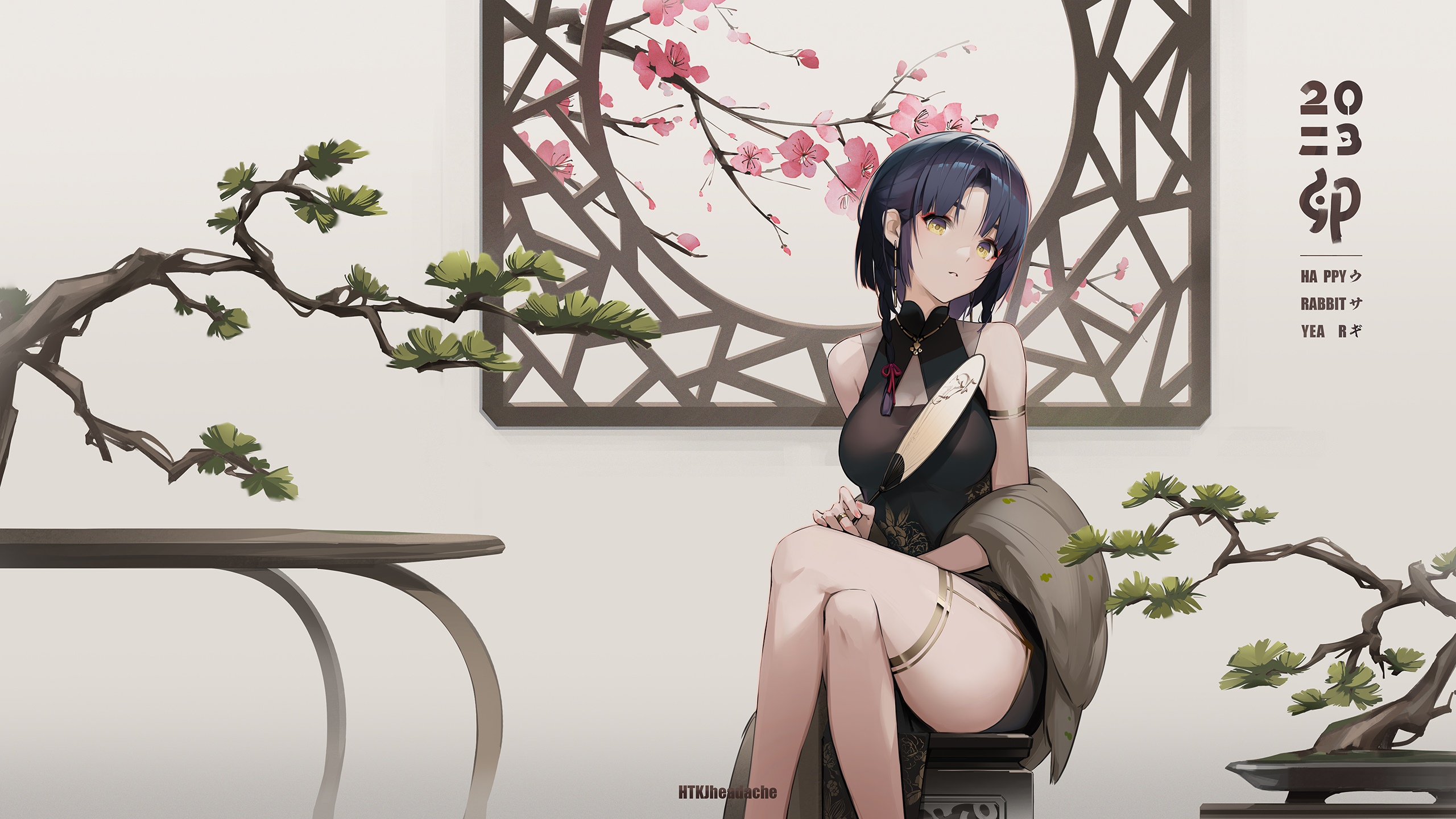 Xiangling in a black cheongsam with plum blossoms HD Wallpaper